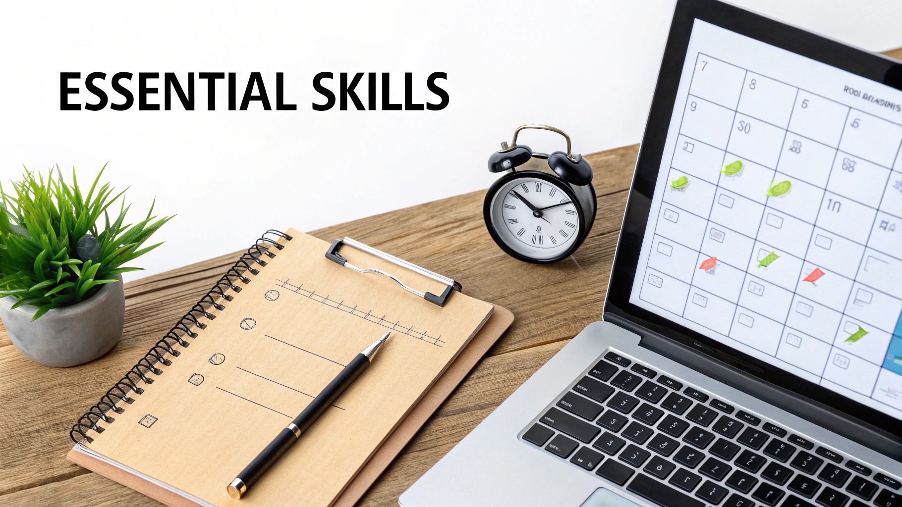 Desk with 'ESSENTIAL SKILLS' text, laptop showing calendar, notebook, pen, alarm clock, and plant.