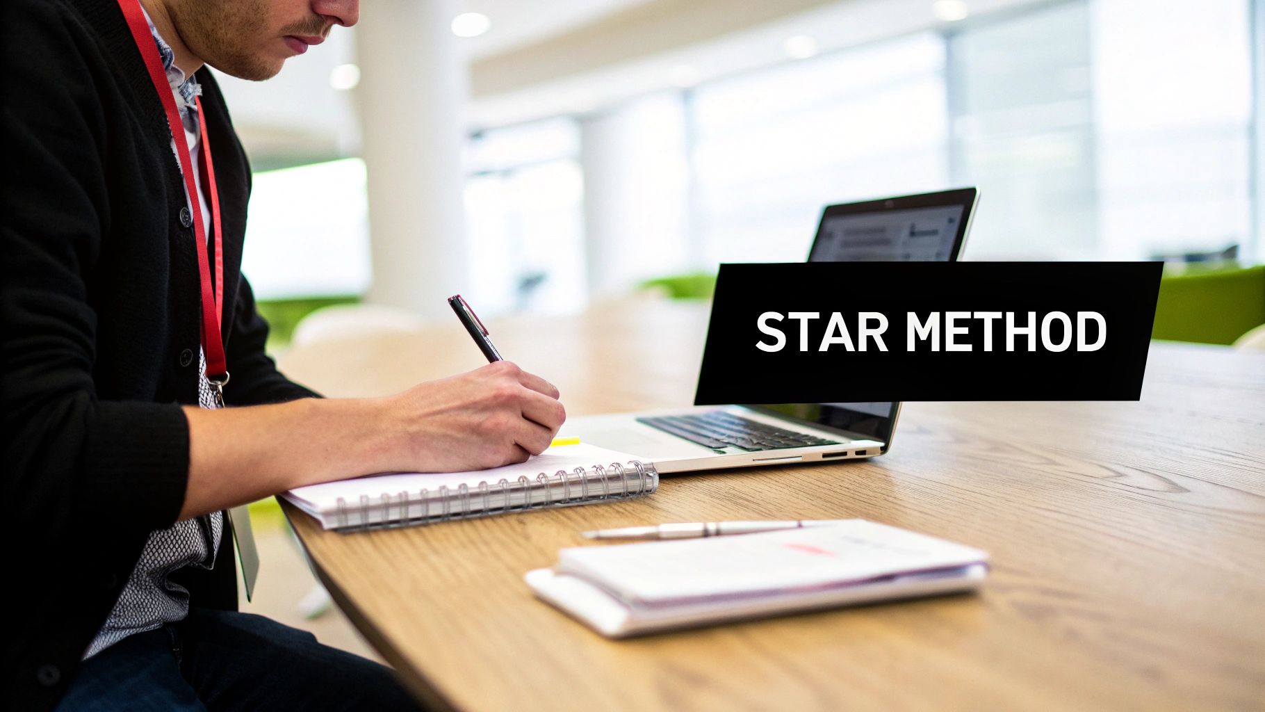 A man in a black cardigan writing in a notebook next to a laptop displaying 'STAR METHOD'.