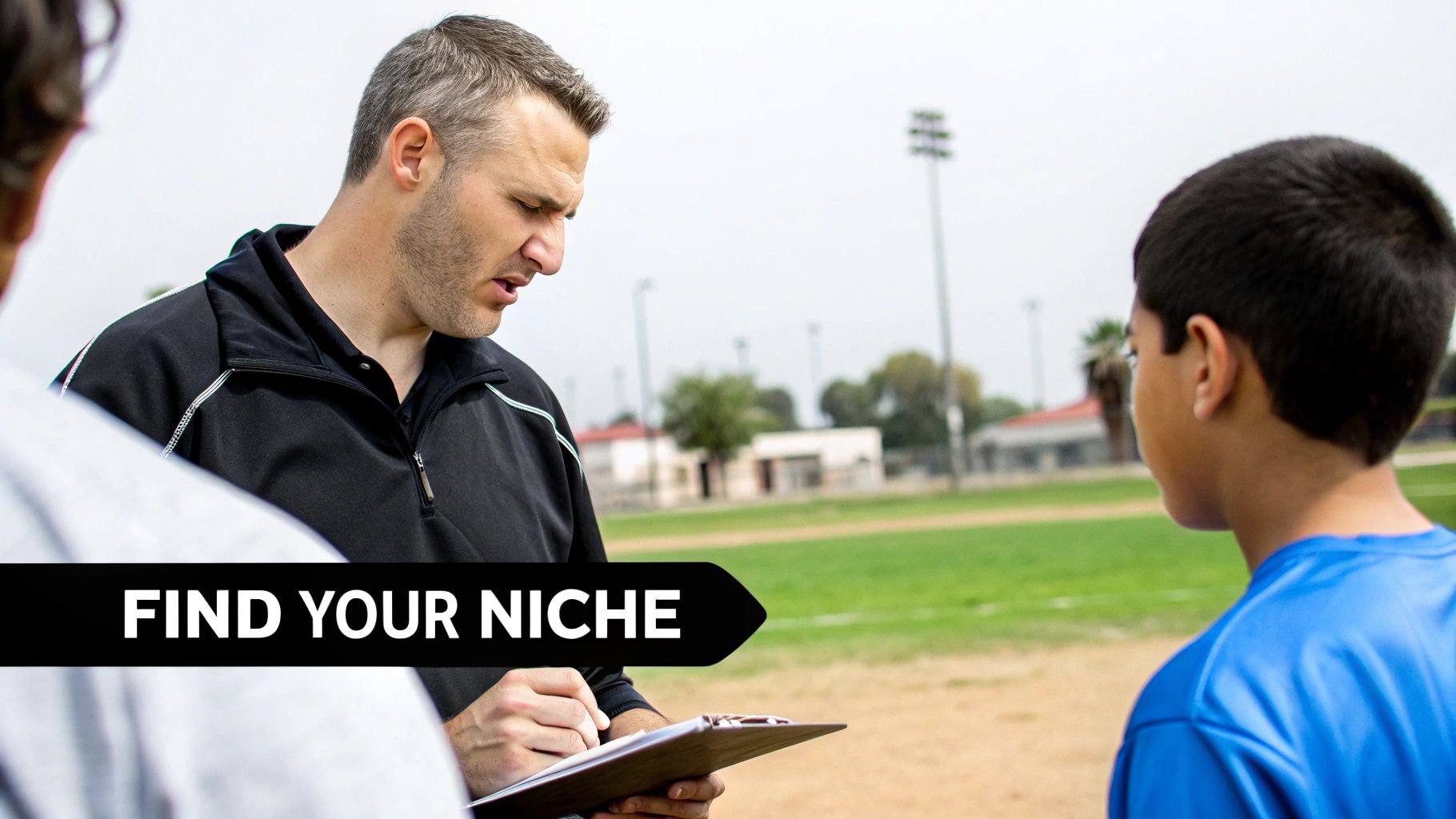 A sports coach with a clipboard talks to a young baseball player on a field with 'FIND YOUR NICHE' text.