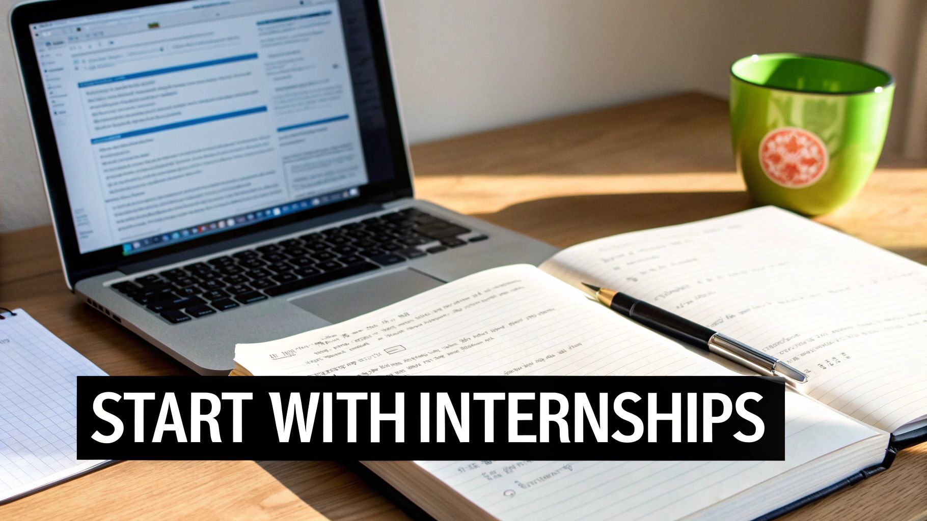 A productive workspace with a laptop, open notebook, pen, and mug, promoting starting with internships.