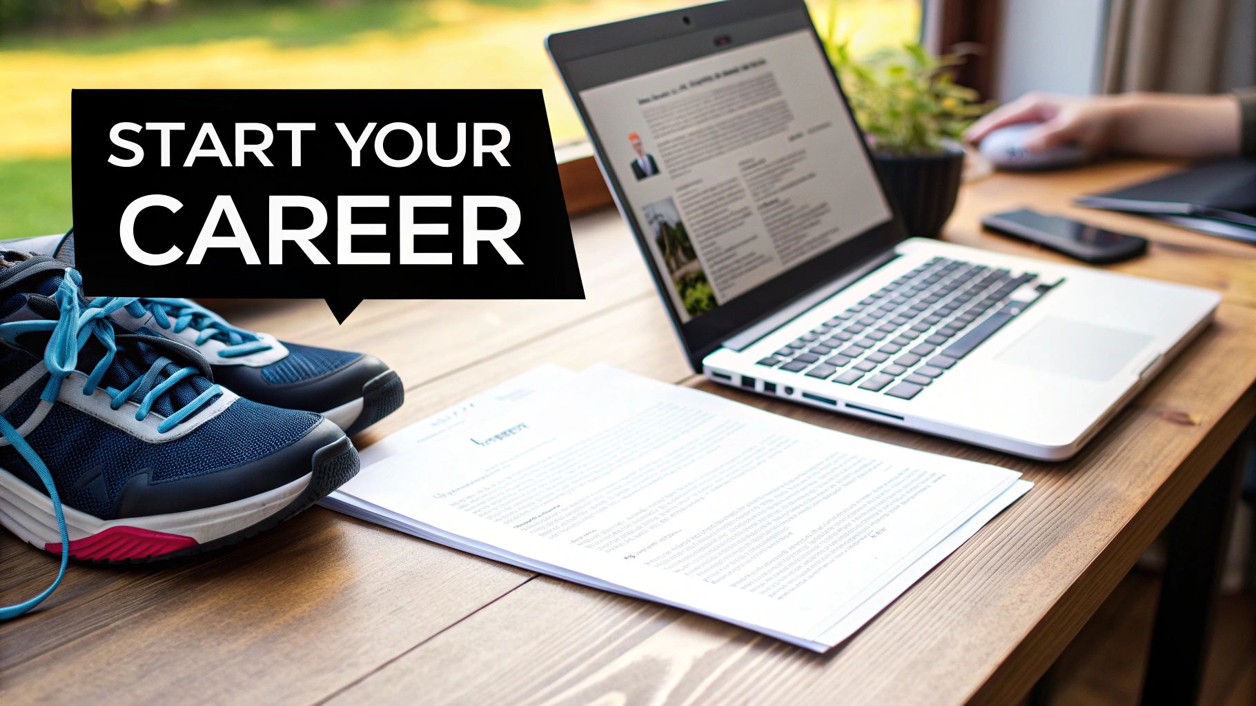 A laptop displaying a resume, athletic shoes, and papers on a wooden desk, emphasizing 'START YOUR CAREER'.