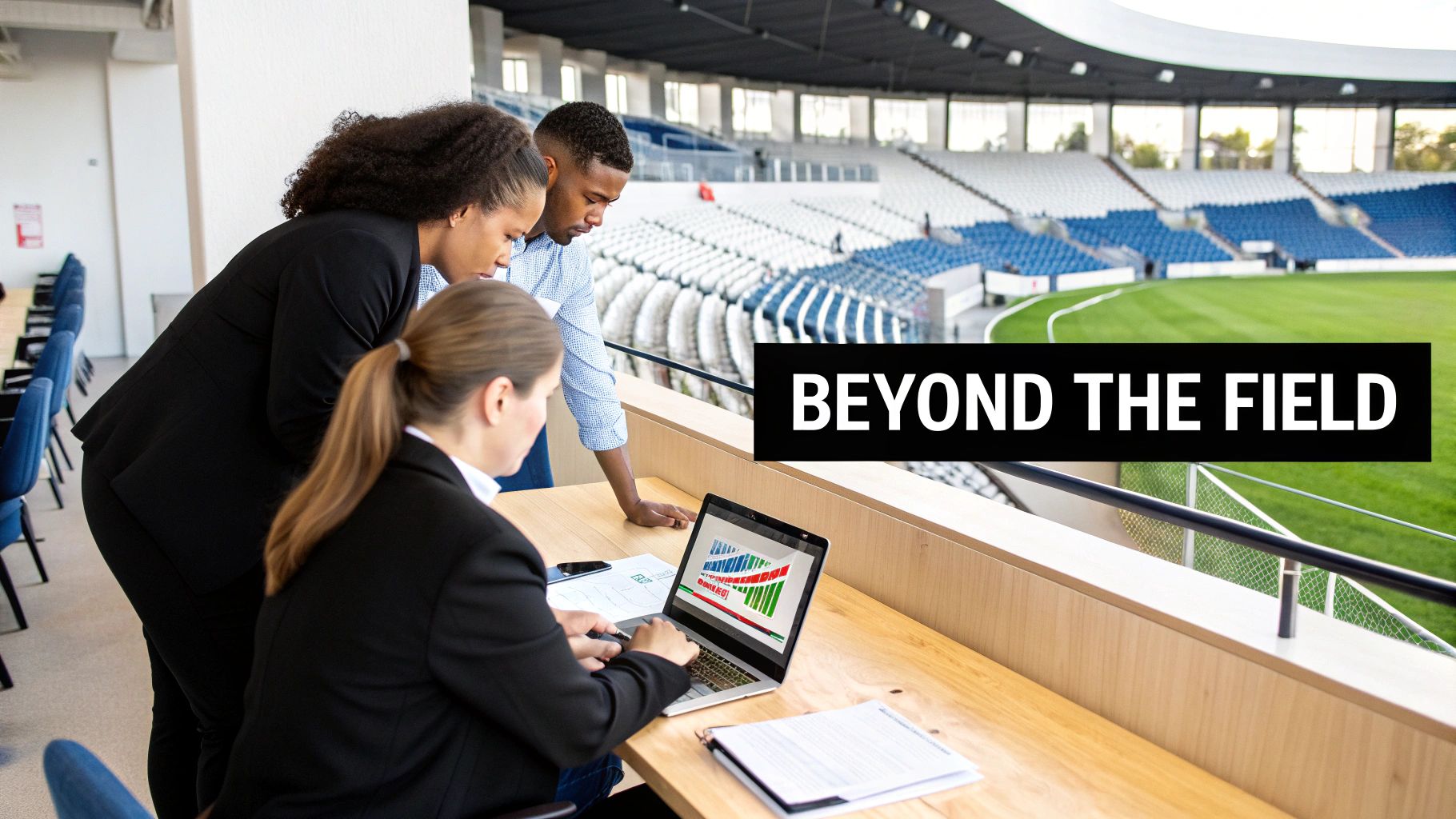 Three professionals in a stadium suite analyze data on a laptop, overlooking a sports field.