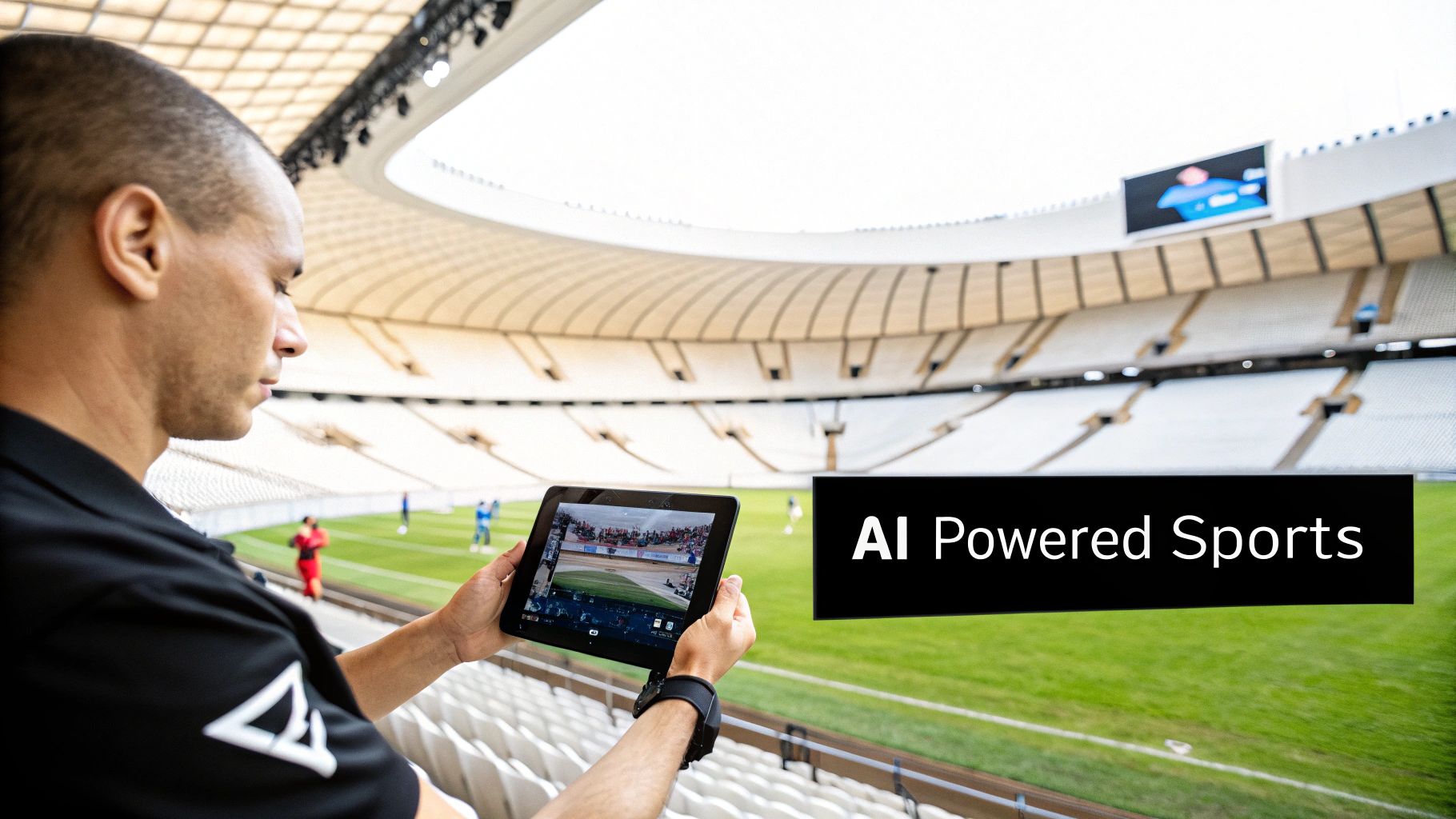 A man in a stadium uses a tablet to view AI-powered sports content, enhancing live game experience.