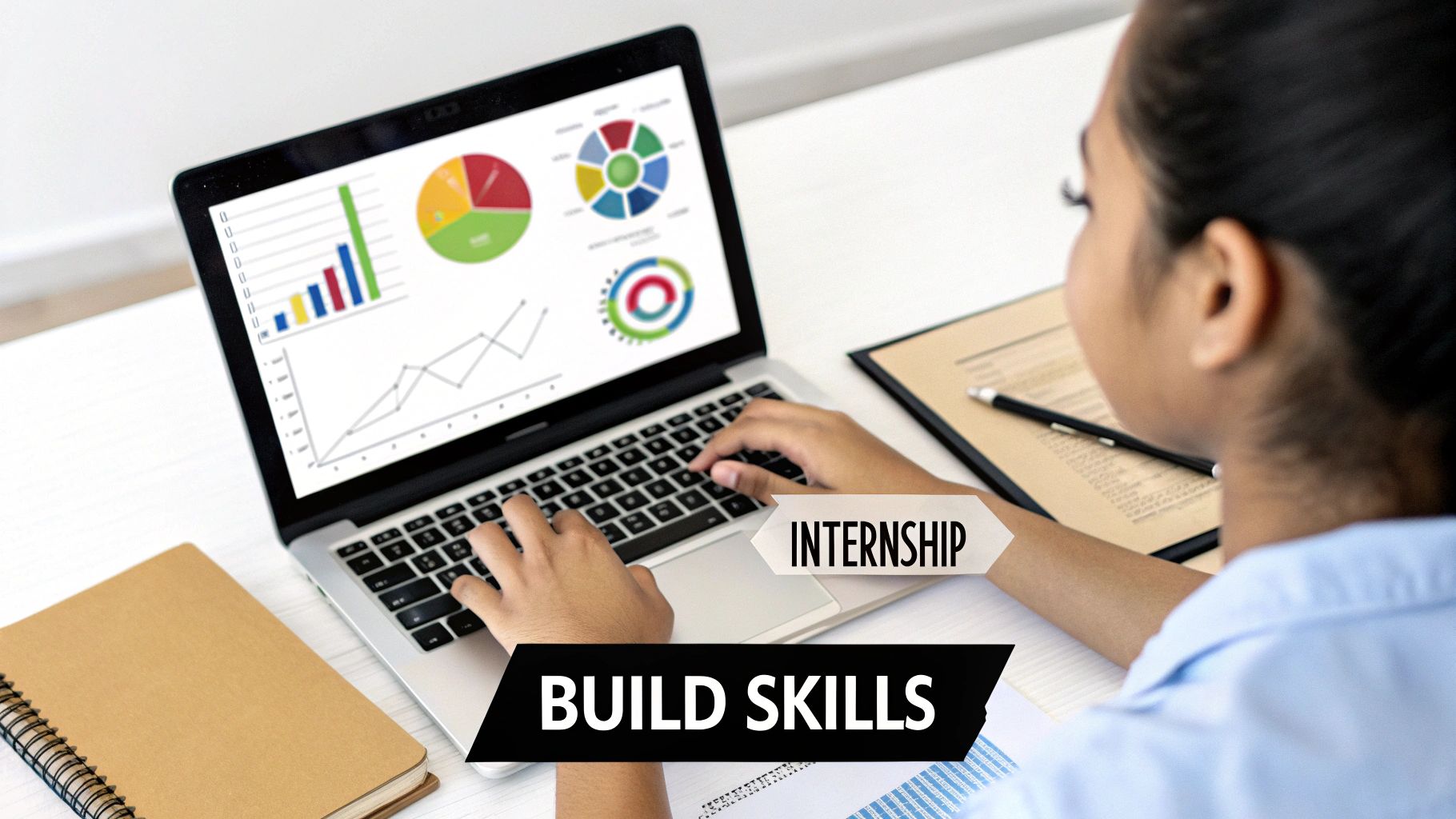 A person using a laptop displaying data charts, with text overlays 'INTERNSHIP' and 'BUILD SKILLS'.