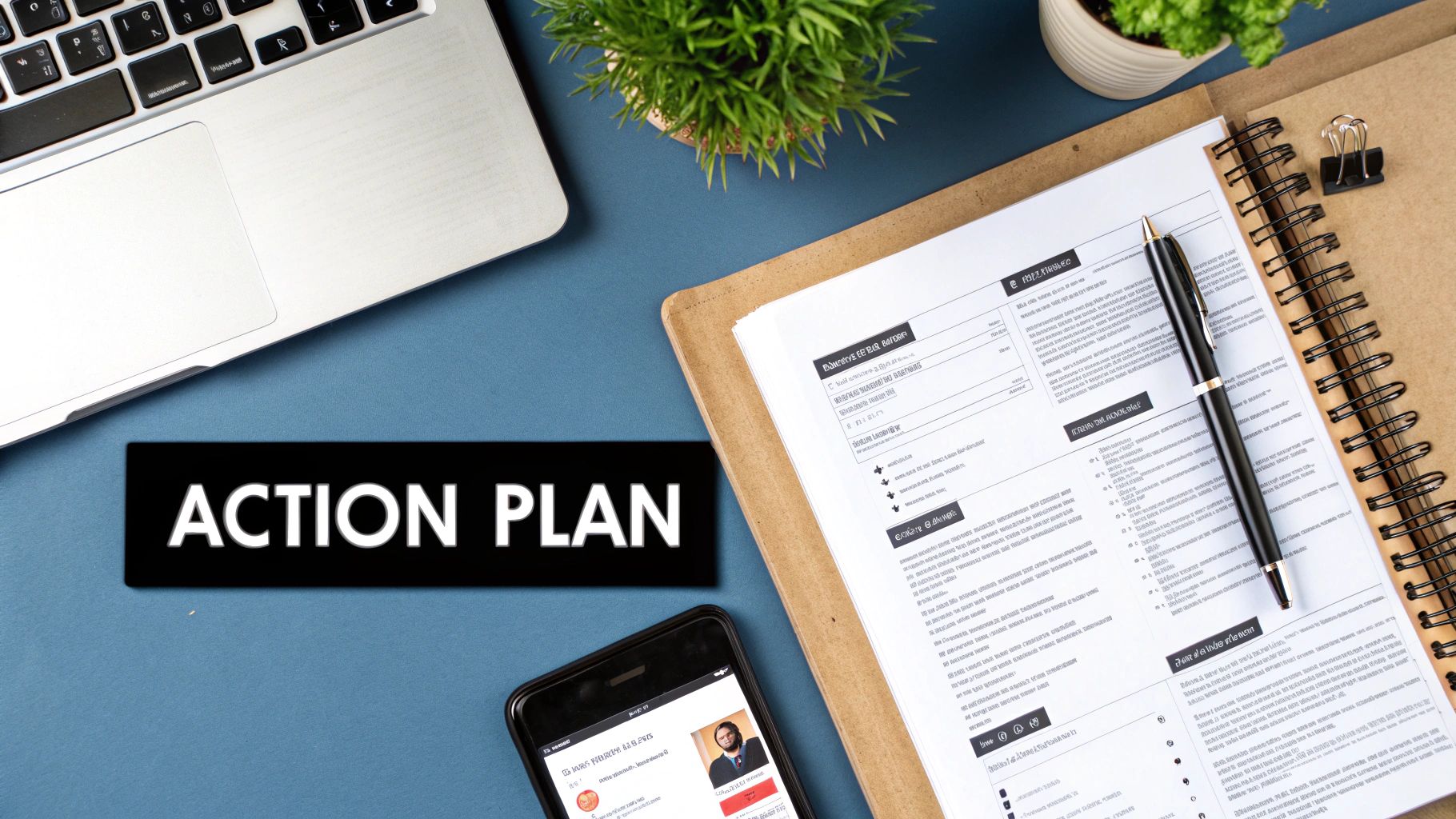 A flat lay shows a blue desk with a laptop, notebook, phone, and an 'ACTION PLAN' sign.
