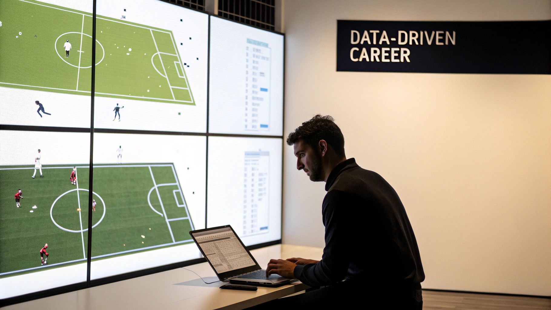 A man analyzes sports data on a laptop in front of large screens displaying soccer simulations and statistics.