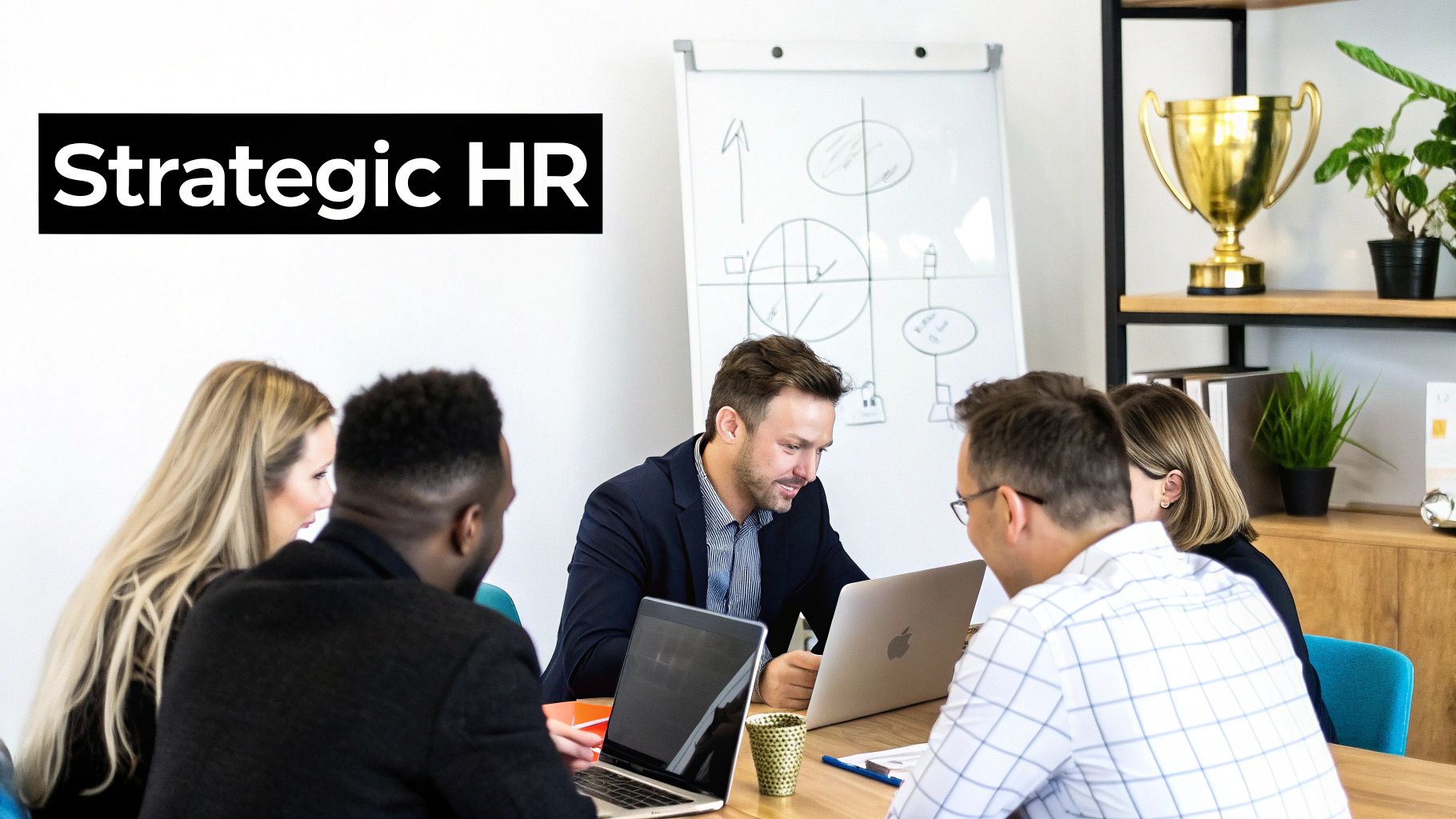Professionals in a modern office meeting, collaborating on laptops, with 'Strategic HR' text.