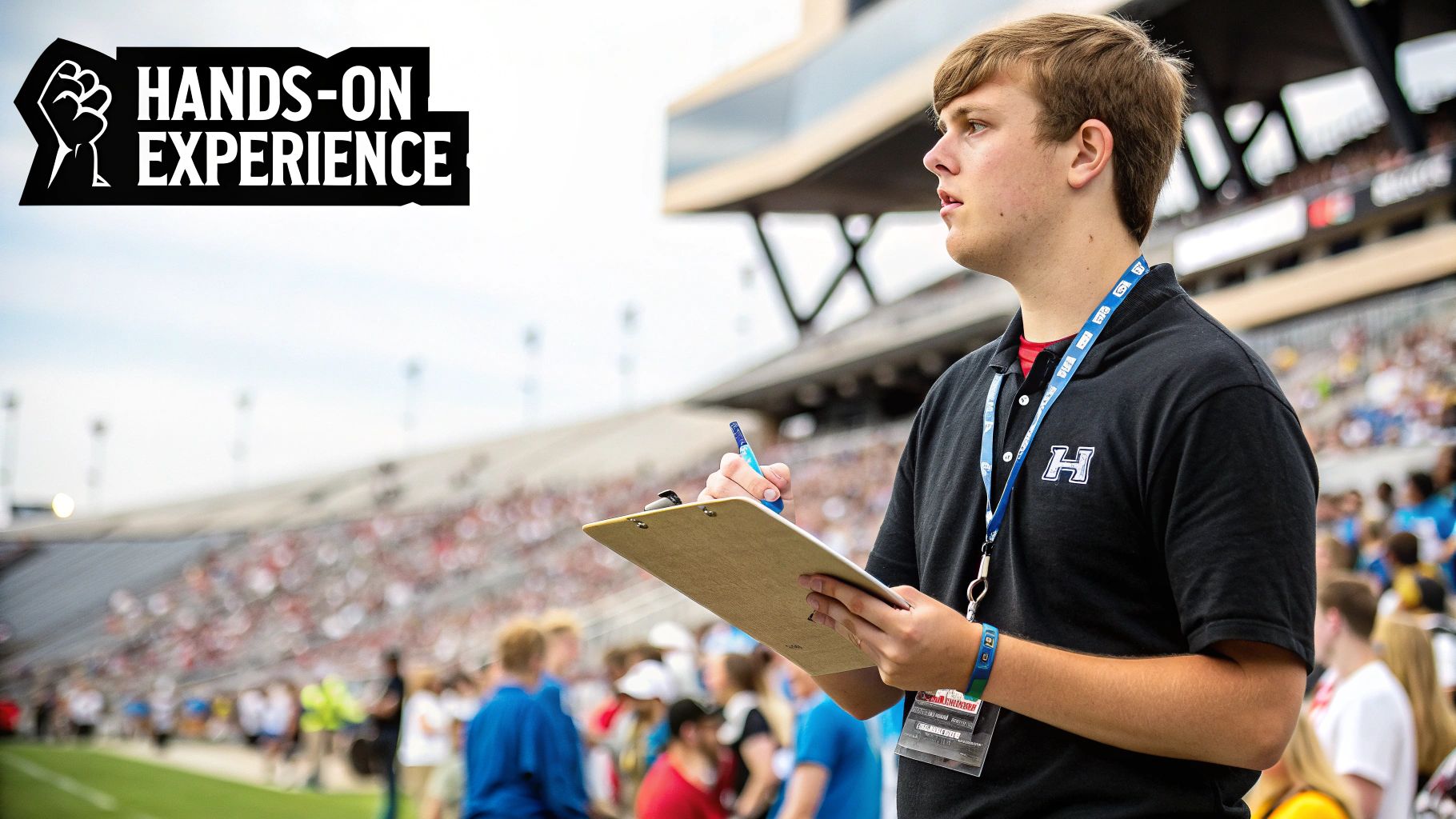 A young man takes notes on a clipboard during a sports event, emphasizing hands-on experience.