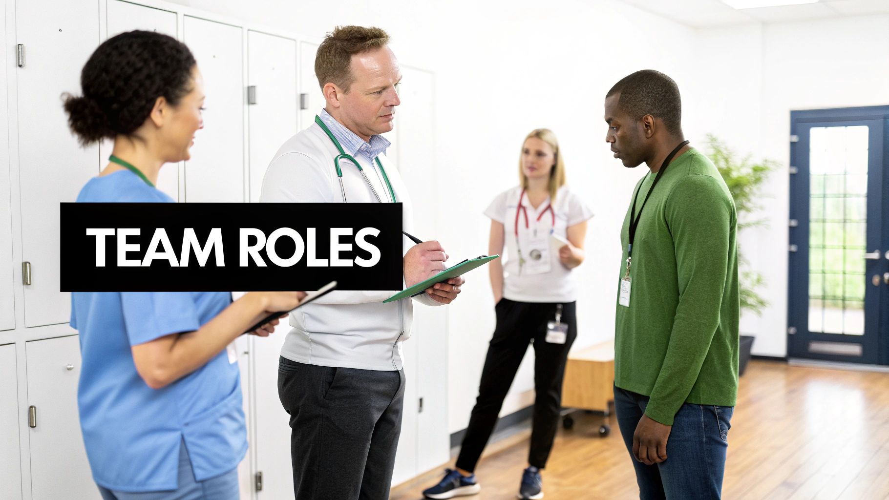 A team in a huddle on a sports field, representing the collaborative effort required for success.