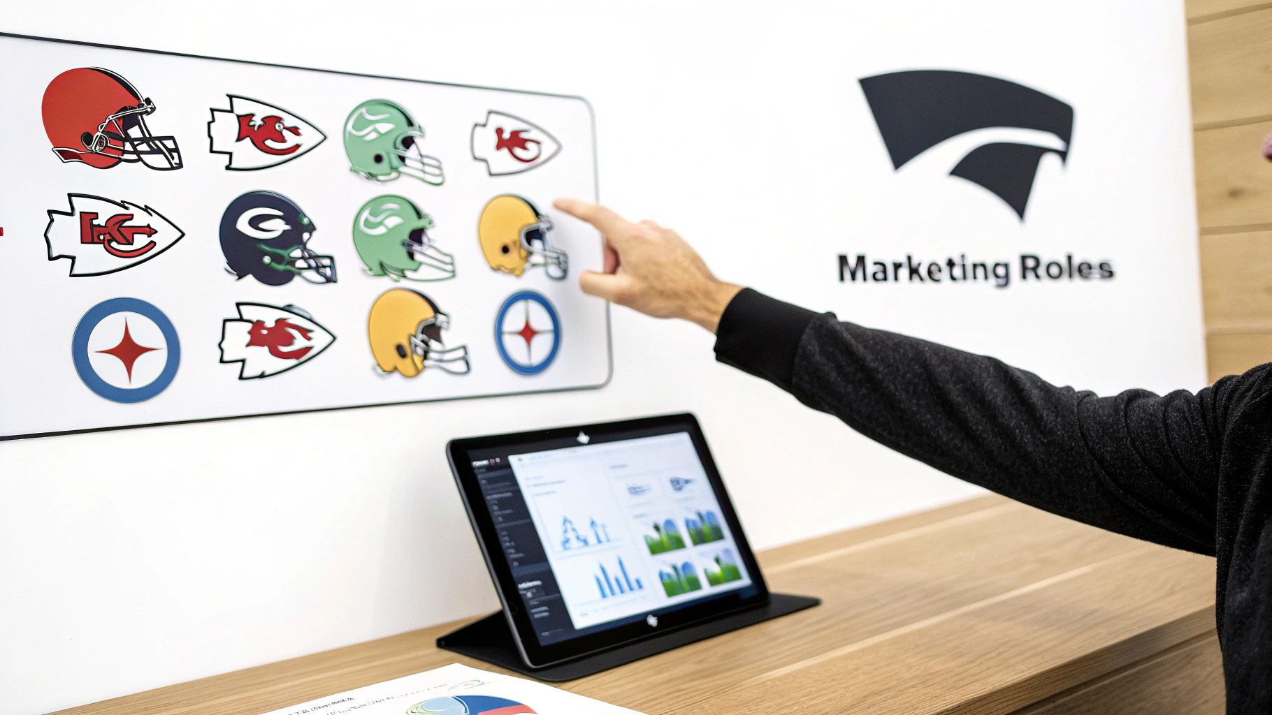 A sports marketer analyzing data on a tablet in a busy stadium setting.