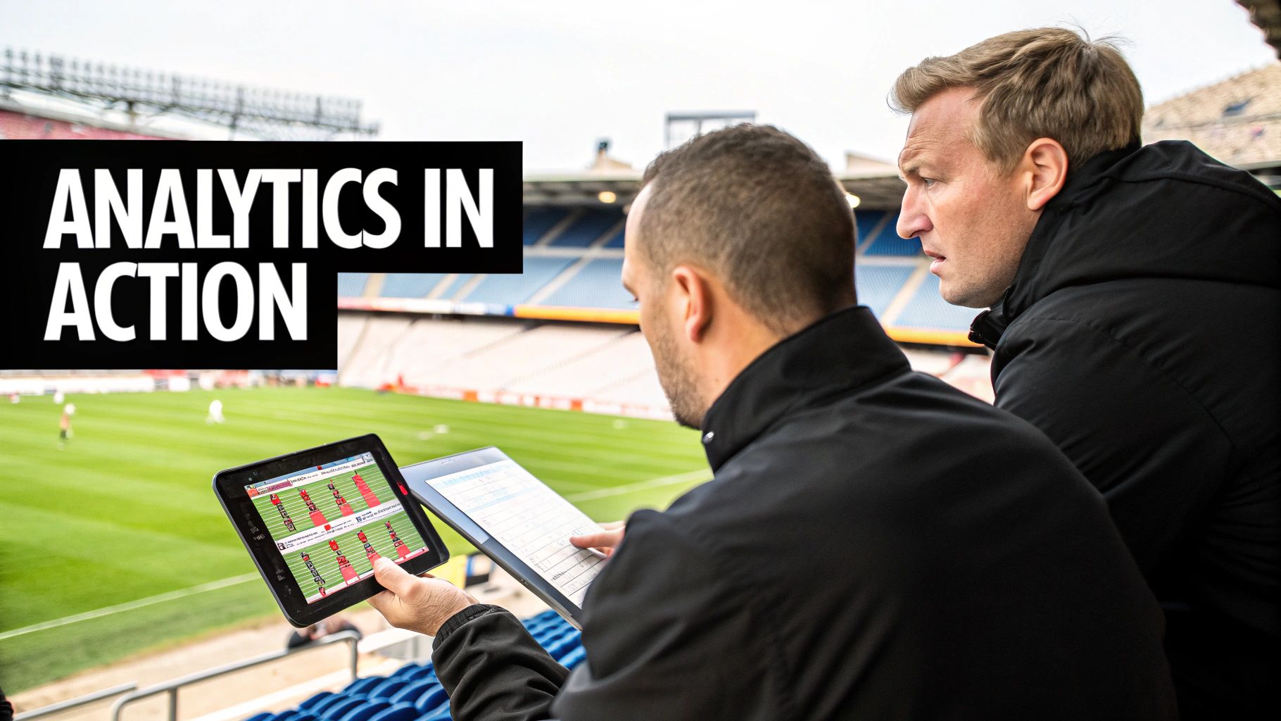 Two men analyzing sports data on tablets at a football stadium, with 'Analytics in Action' text.