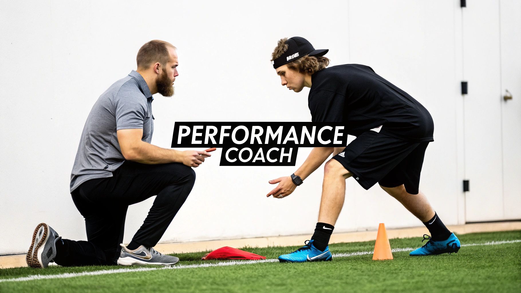 A performance coach kneels on turf, instructing a young athlete in a ready stance.