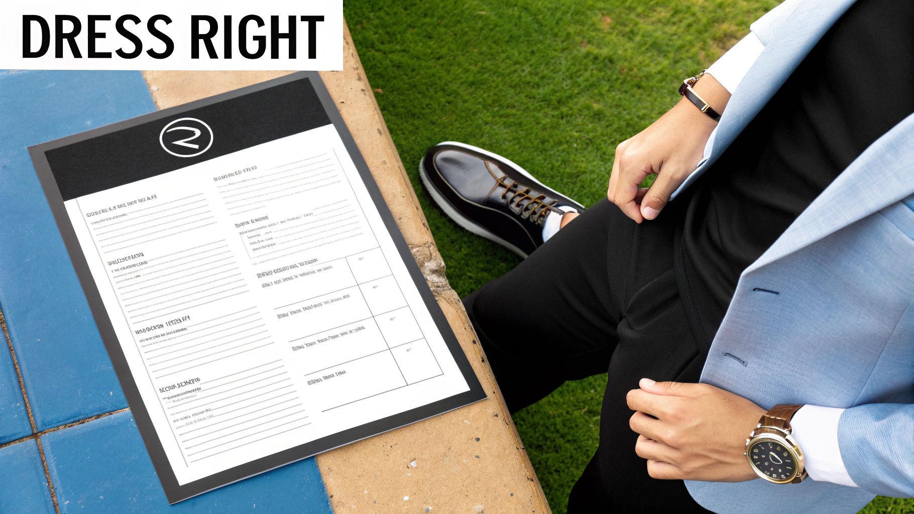 A smartly dressed person sitting next to a document titled 'DRESS RIGHT' with interview tips.