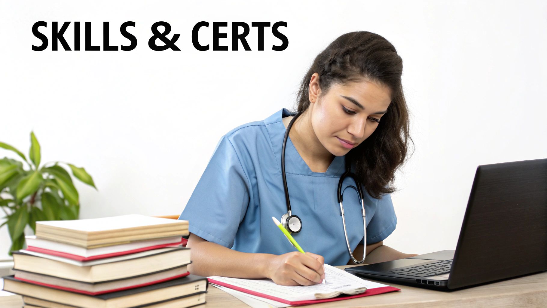 A female nurse in blue scrubs is studying, writing notes, with a laptop and books.