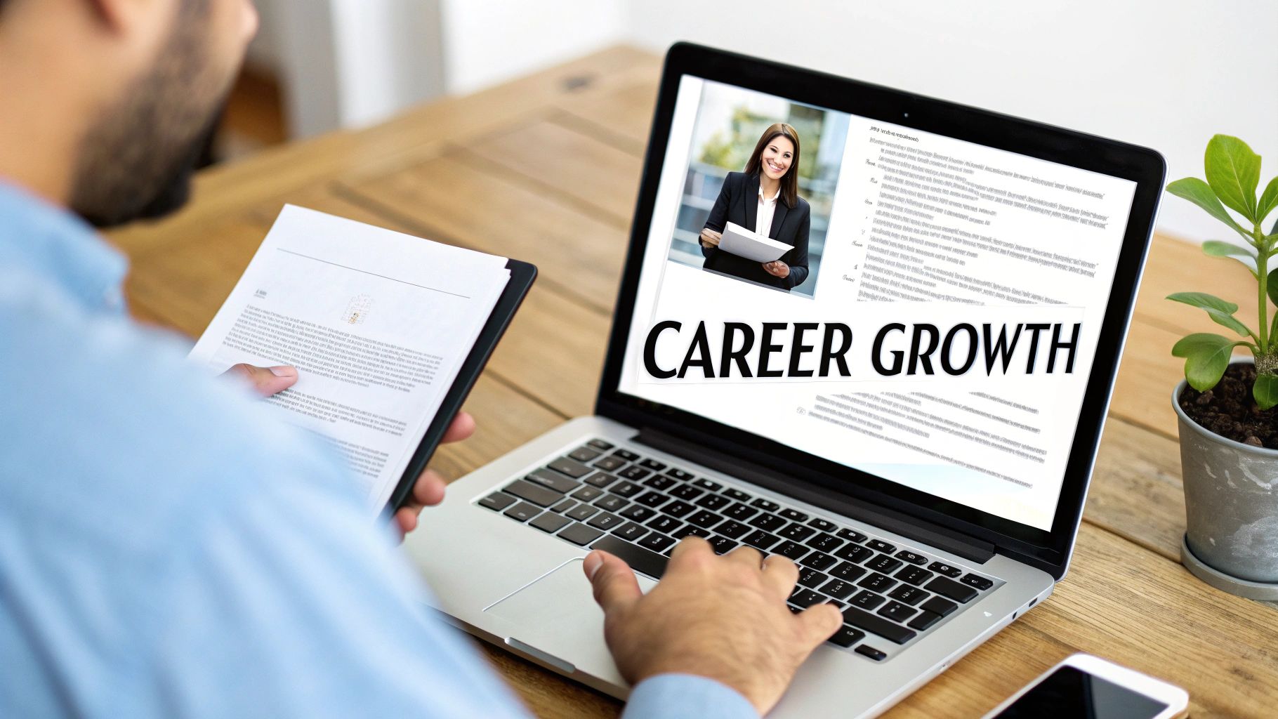 A person reviews a document while typing on a laptop displaying 'Career Growth' and a business woman.