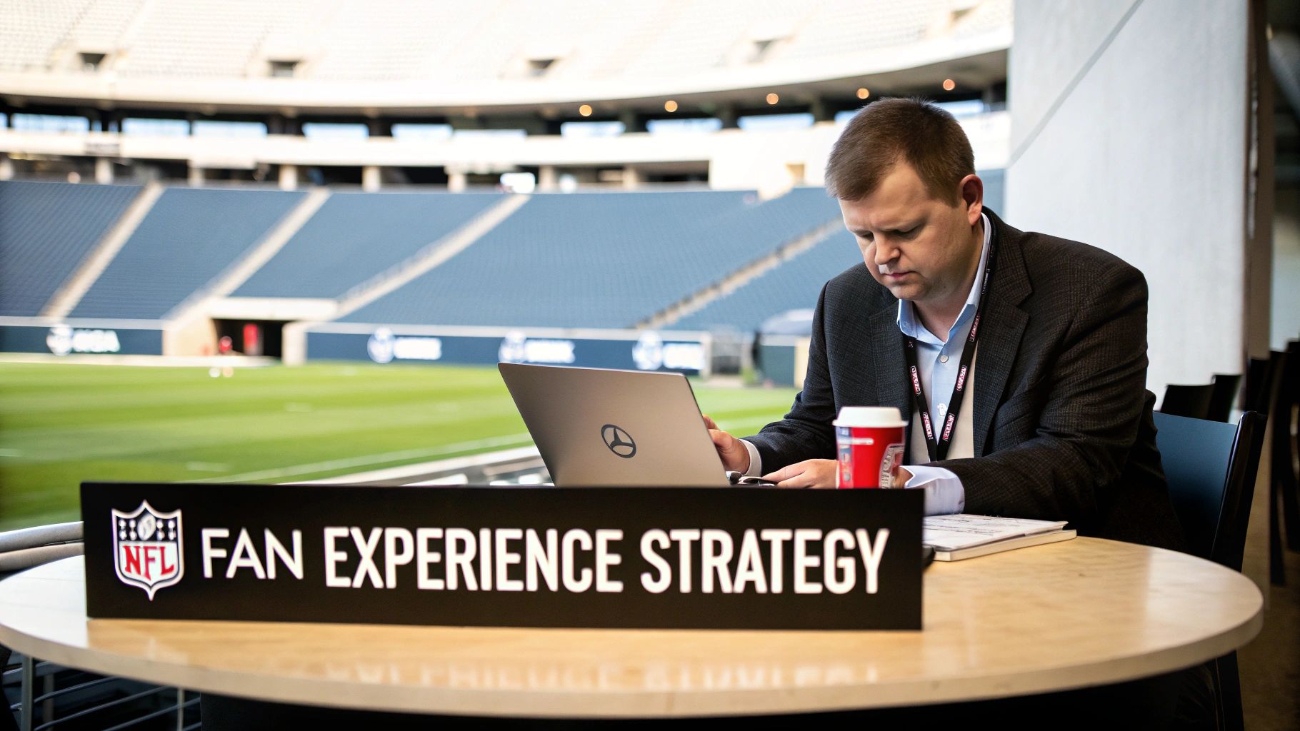 A group of sports marketing professionals collaborating in a modern office with sports memorabilia in the background.