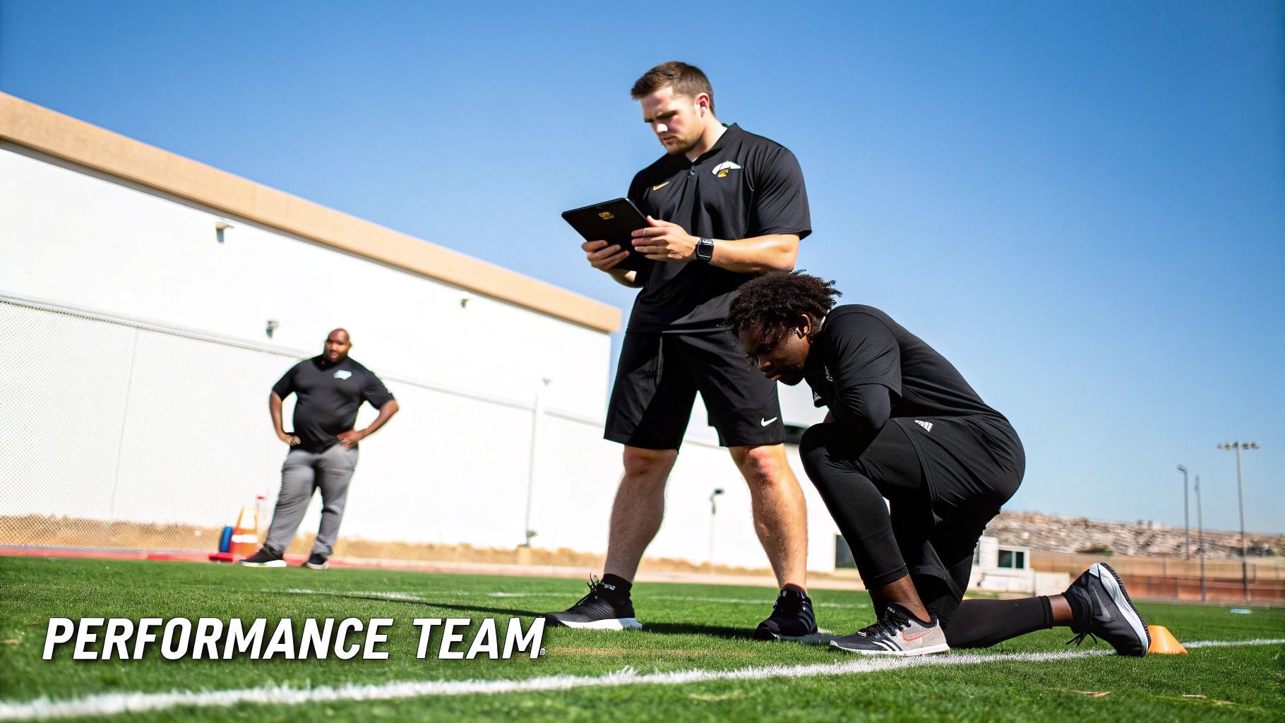 Three men on a sports field during a training session, one athlete kneeling, two coaches observing.