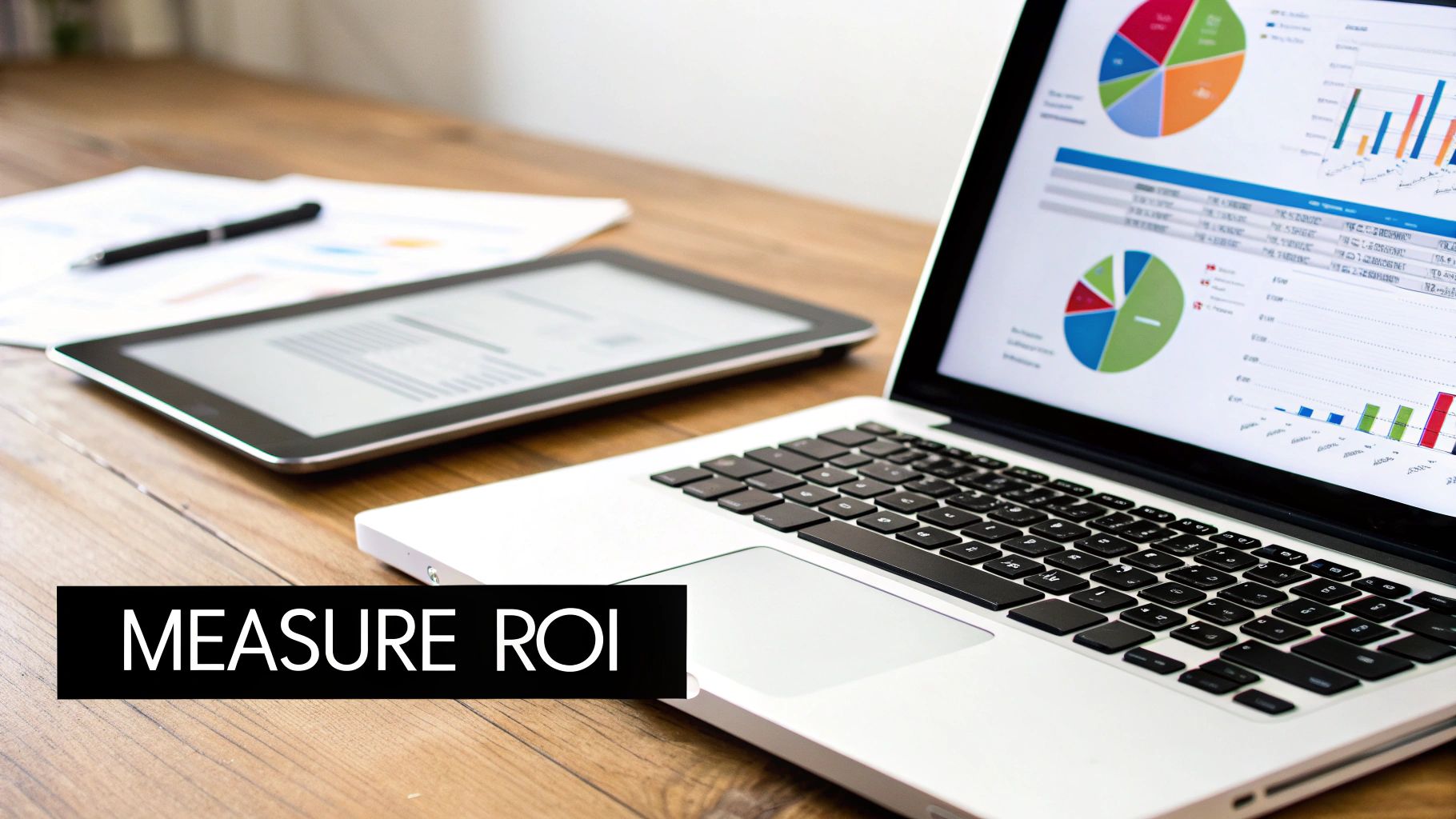 Laptop displaying charts and graphs for data analysis, next to a tablet and pen on a wooden desk, with 'MEASURE ROI' text.