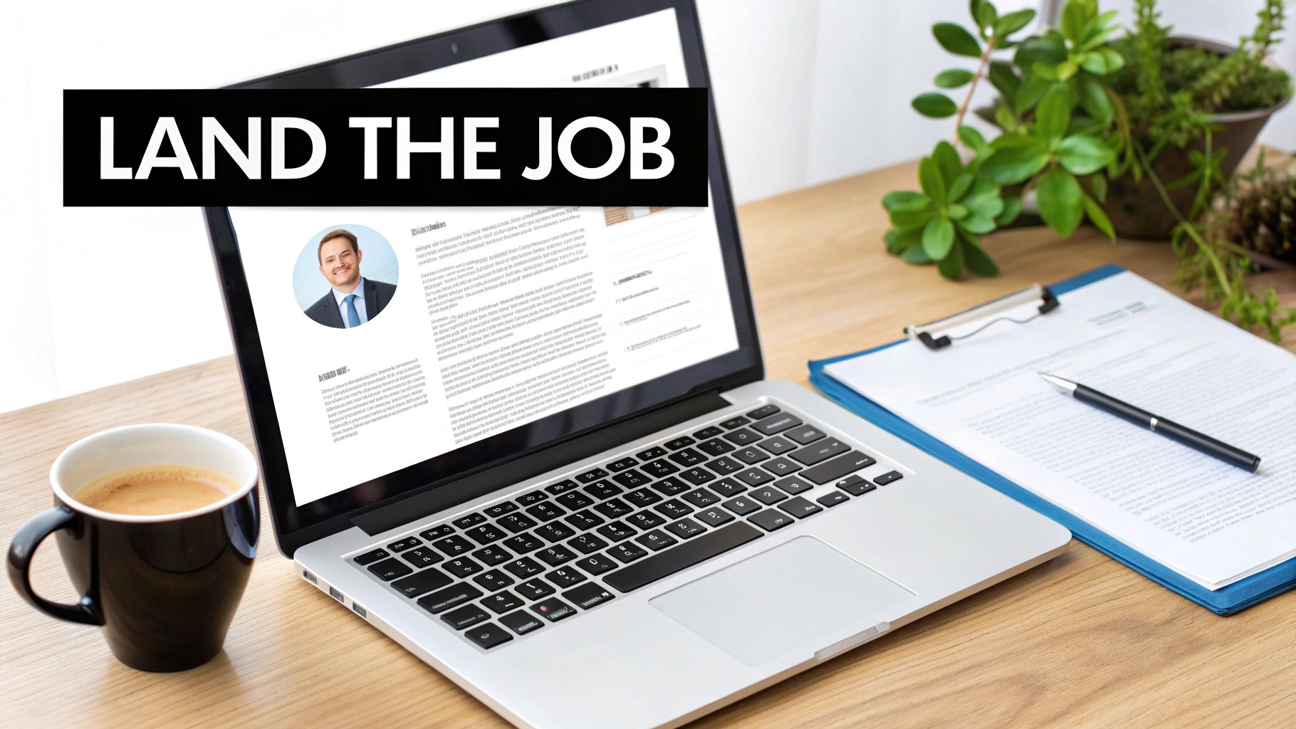 A person's hands are shown typing on a laptop, with a sports stadium visible on the screen, illustrating the job search process.