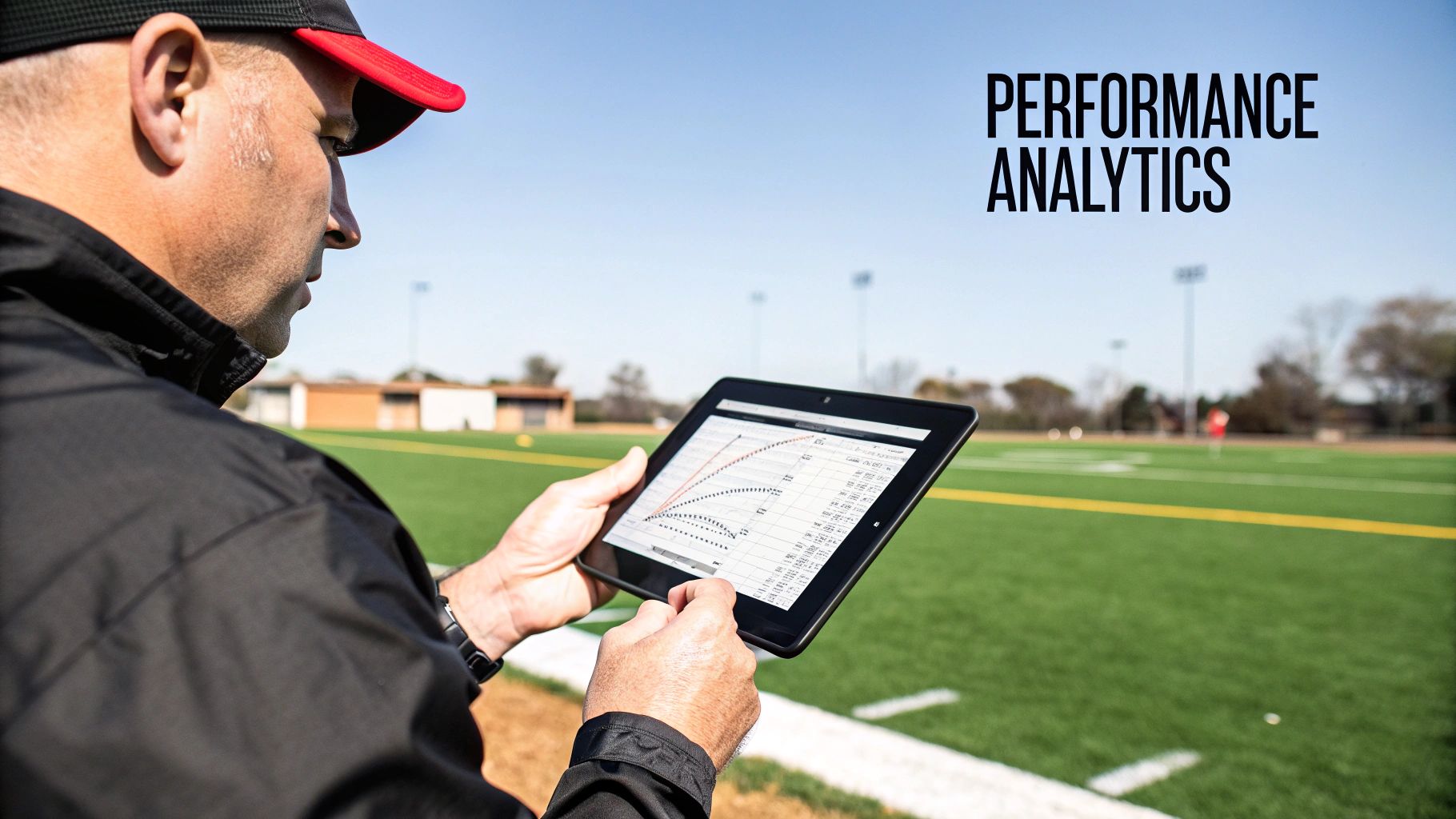 A sports coach examines performance analytics on a tablet on a sunny sports field.