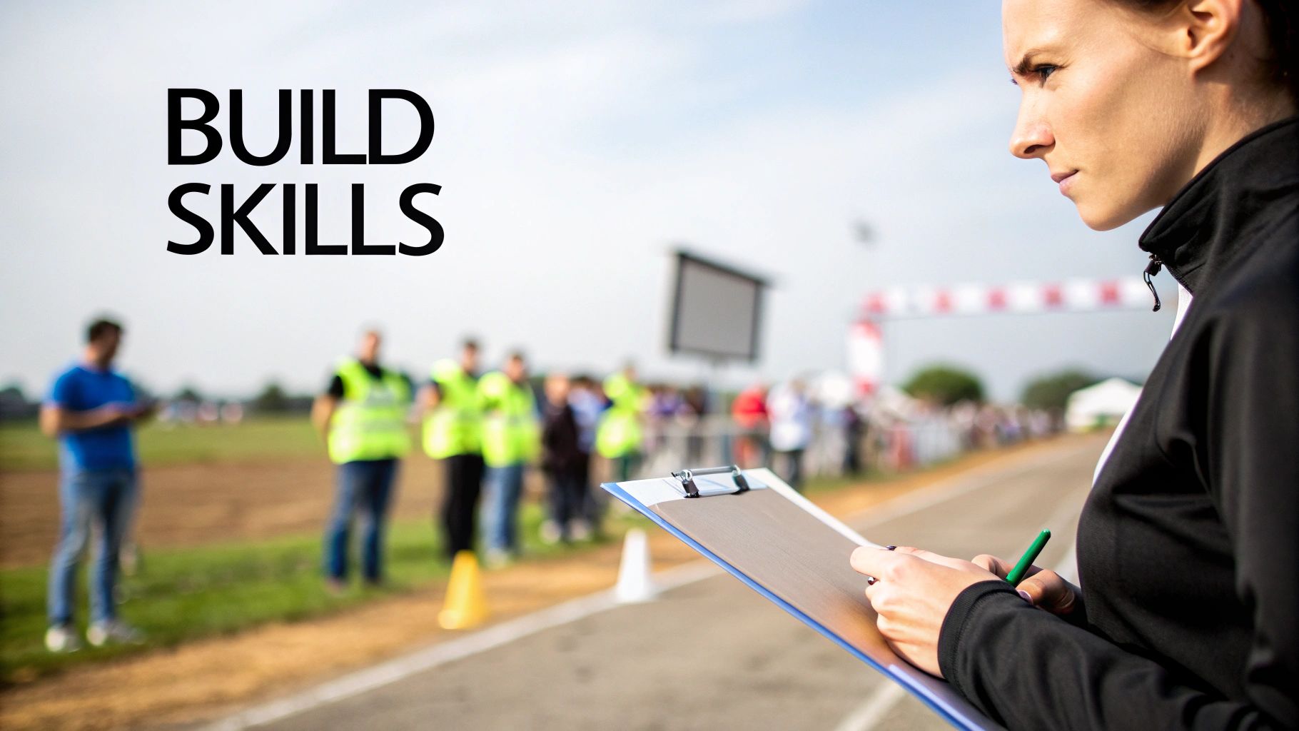 A focused woman with a clipboard and pen oversees an outdoor sports event with a finish line.