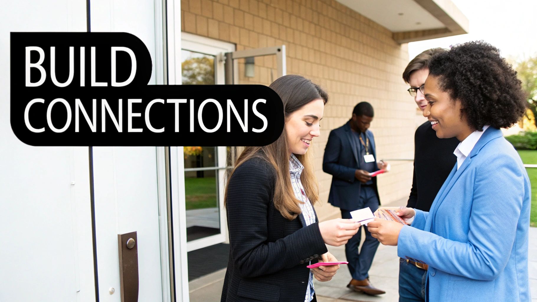 Diverse professionals exchanging business cards and networking at a building entrance.