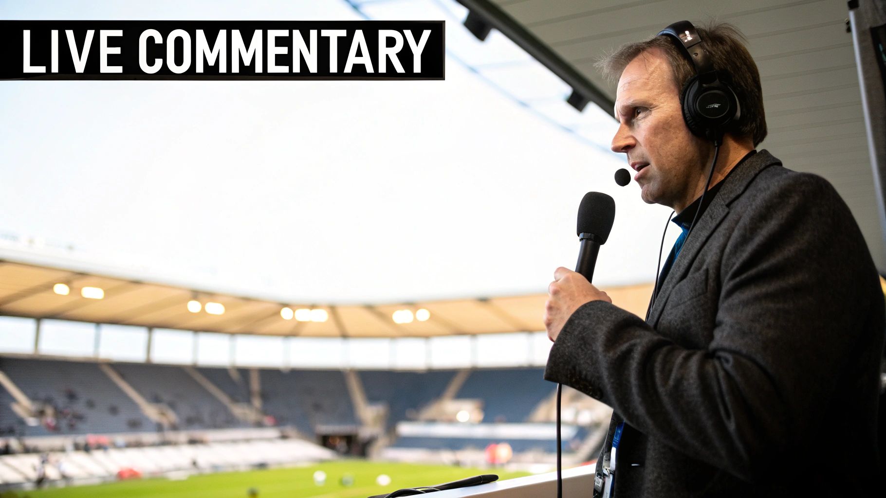 A male sports commentator reports live from a stadium booth with a microphone and headphones.