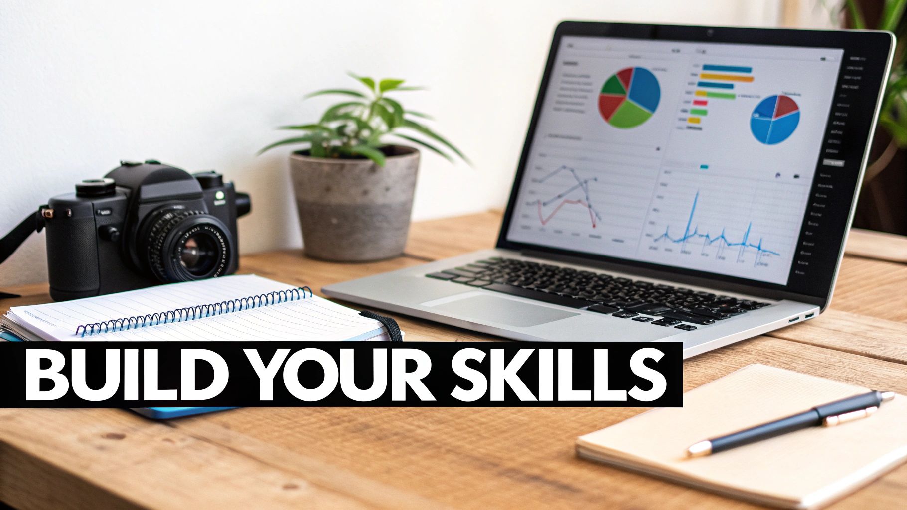 Close-up of a desk with a laptop displaying business charts, a camera, and notebooks, with 'BUILD YOUR SKILLS' text.