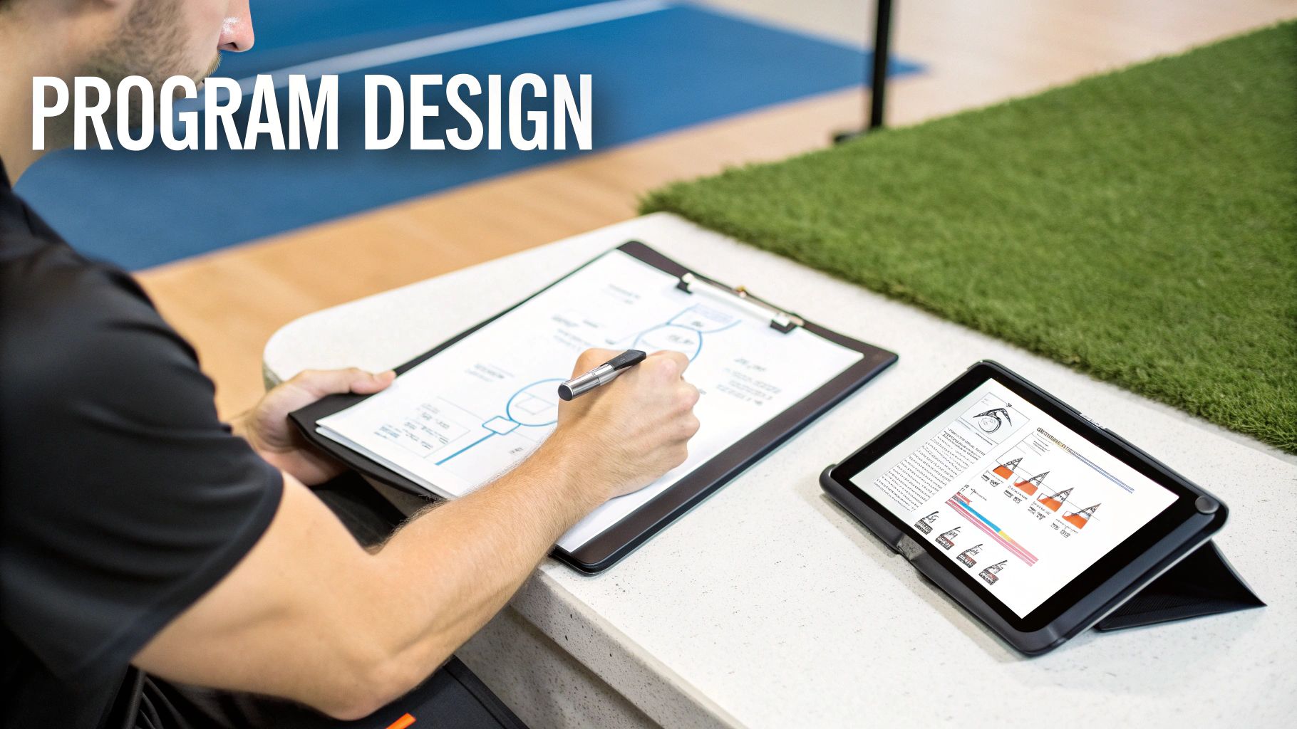 A personal trainer designs a workout program, writing on a clipboard with a tablet displaying data.
