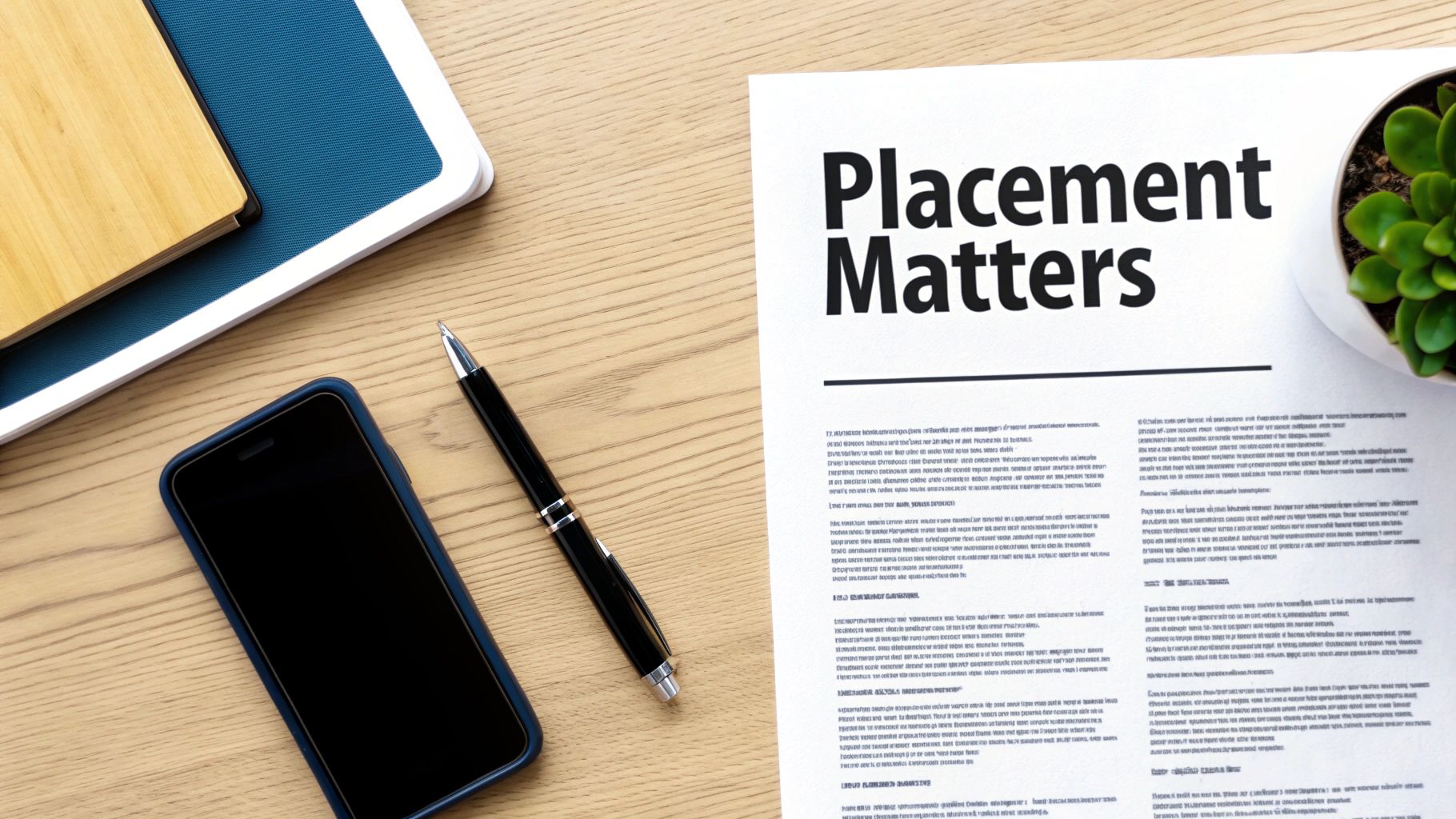 A flat lay of a wooden desk featuring a document titled 'Placement Matters', a smartphone, a pen, a notebook, and a small potted plant.