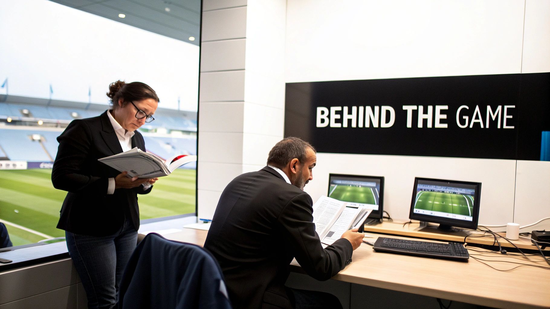 Two sports management professionals analyzing game footage and data on computer monitors in stadium office
