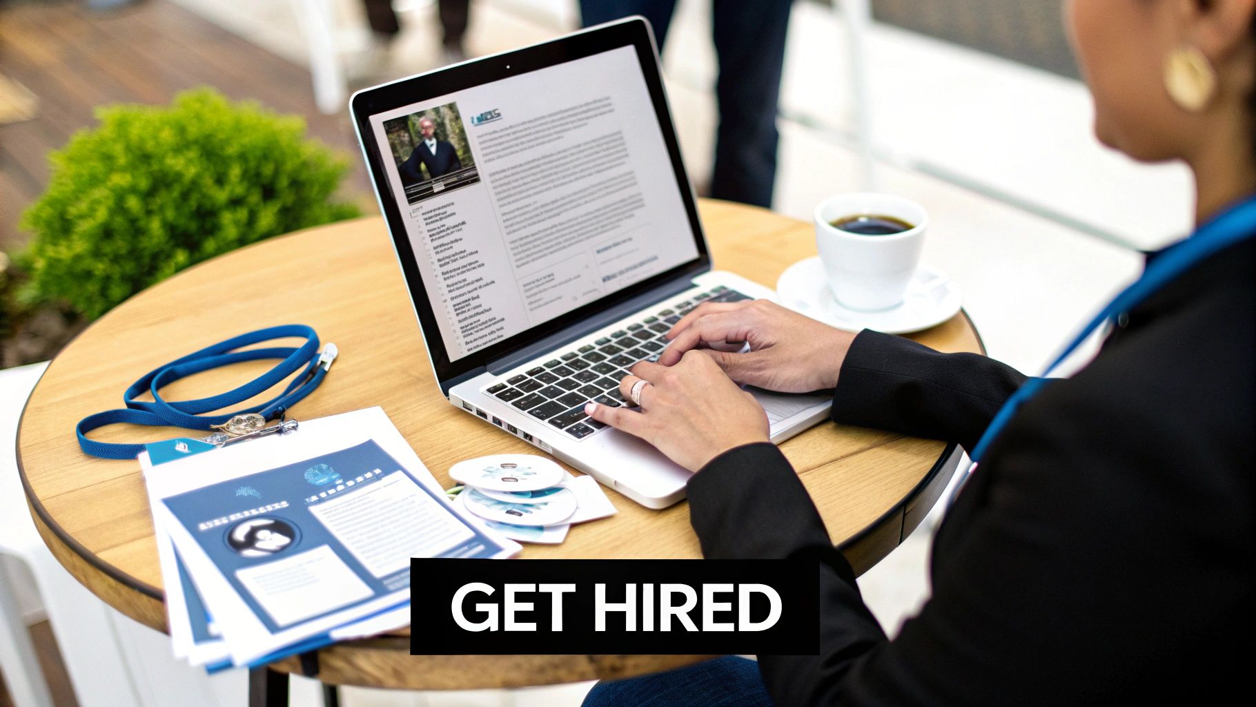 Professional using laptop at desk with resume documents and coffee during job search process