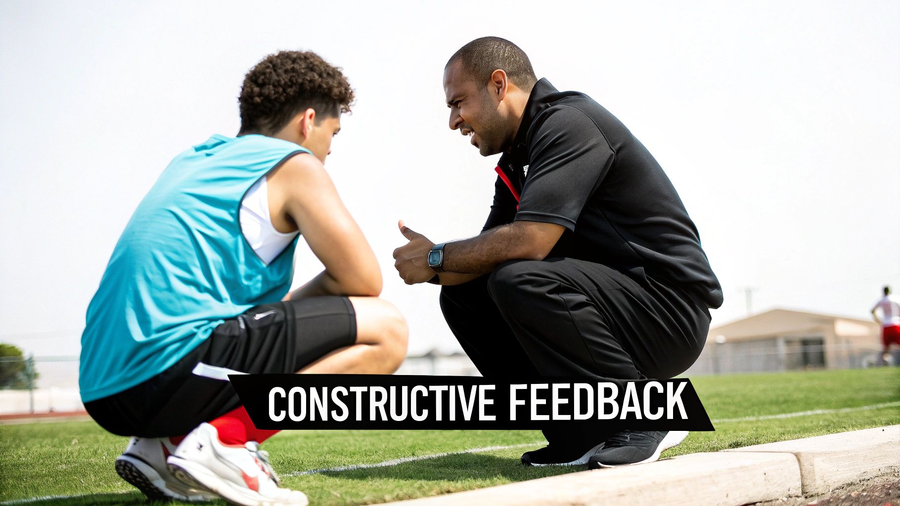 A male sports coach gives constructive feedback to a young athlete on a green sports field.