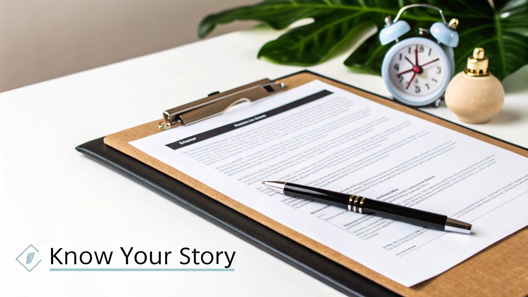 A clipboard with a document and pen on a white desk, alongside an alarm clock and plant.