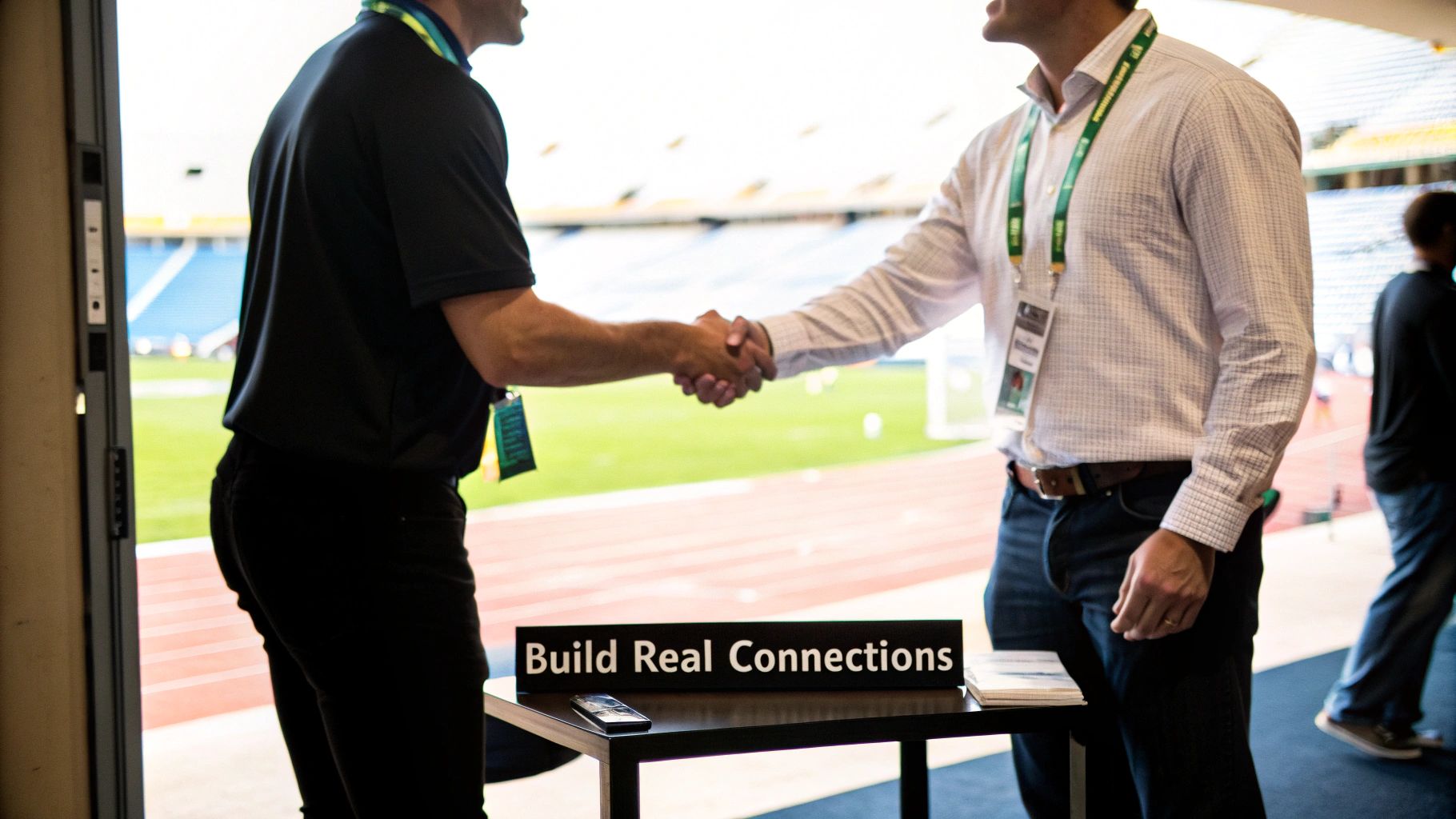 A group of volunteers in matching shirts working together at an outdoor sports event.