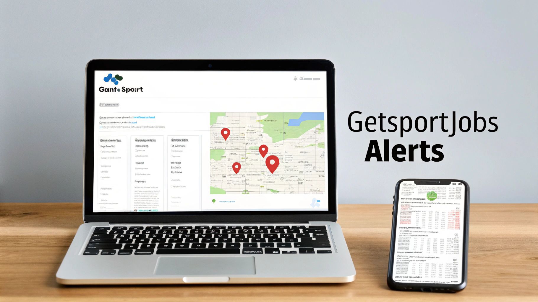 A laptop and smartphone display 'GetsportJobs Alerts' website with job listings and a map.