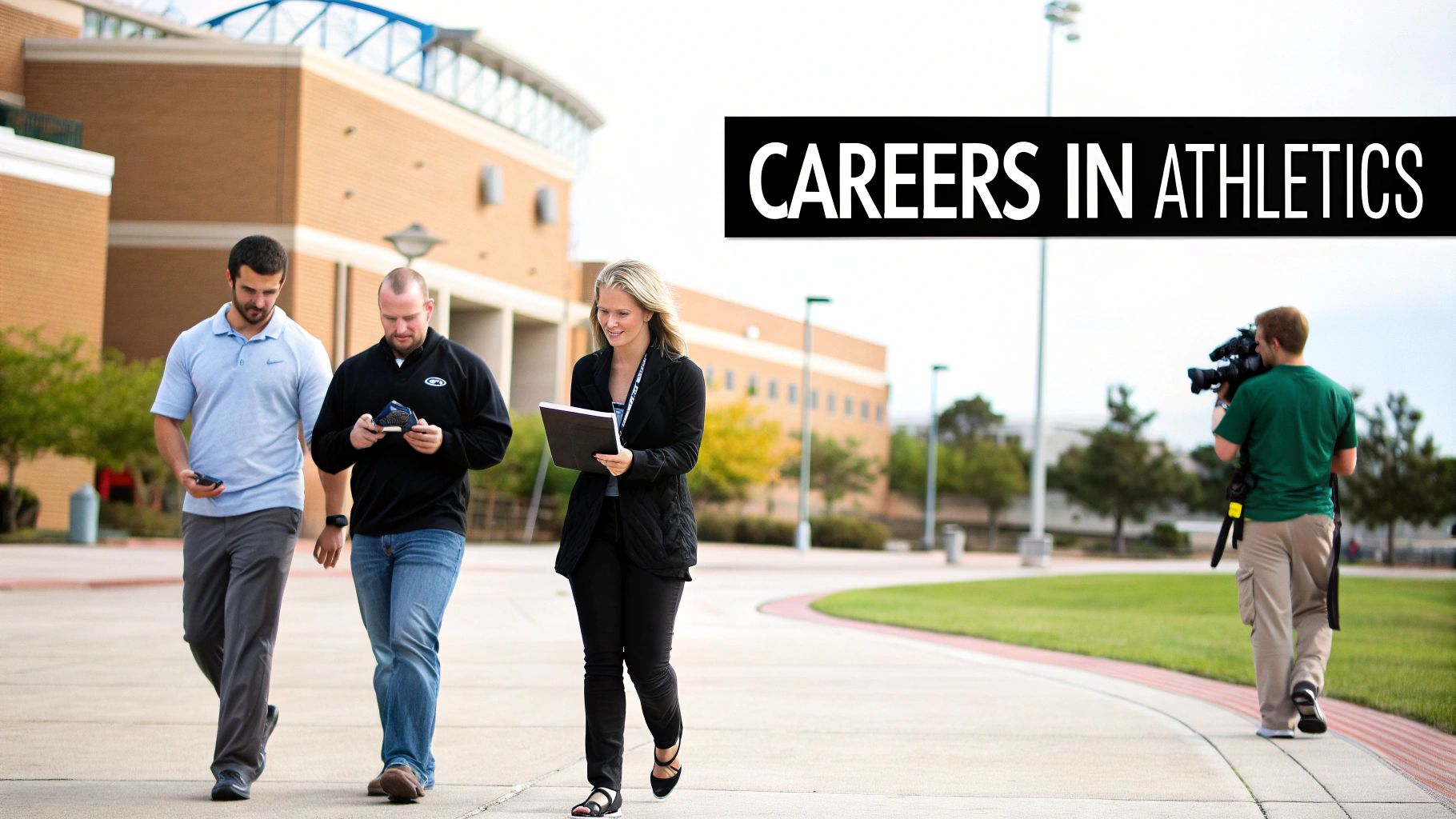 Professionals walking on a college campus, including a cameraman, illustrating careers in athletics.