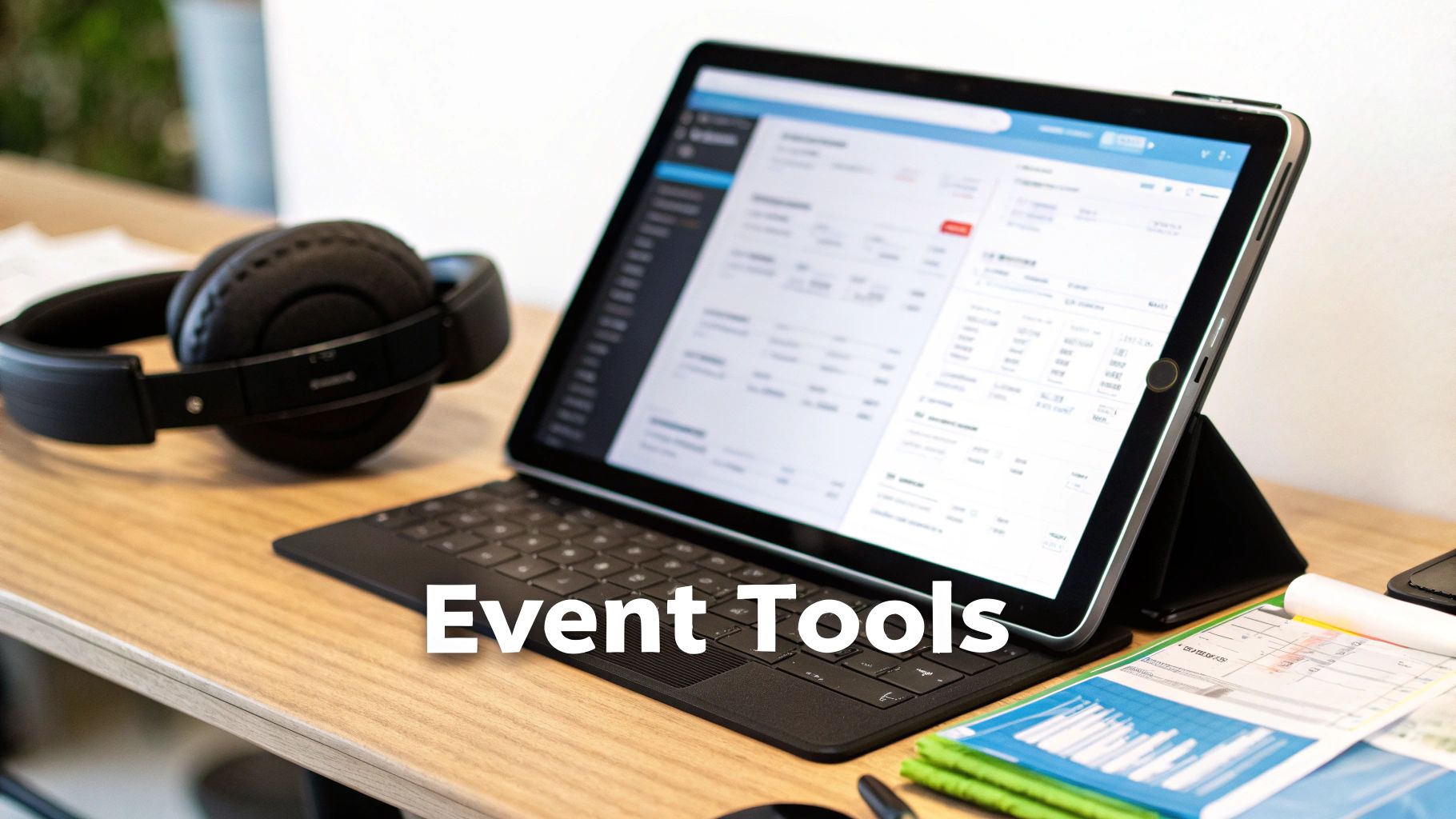 A collection of modern tools for event management, such as a laptop, smartphone, and tablet, on a desk.