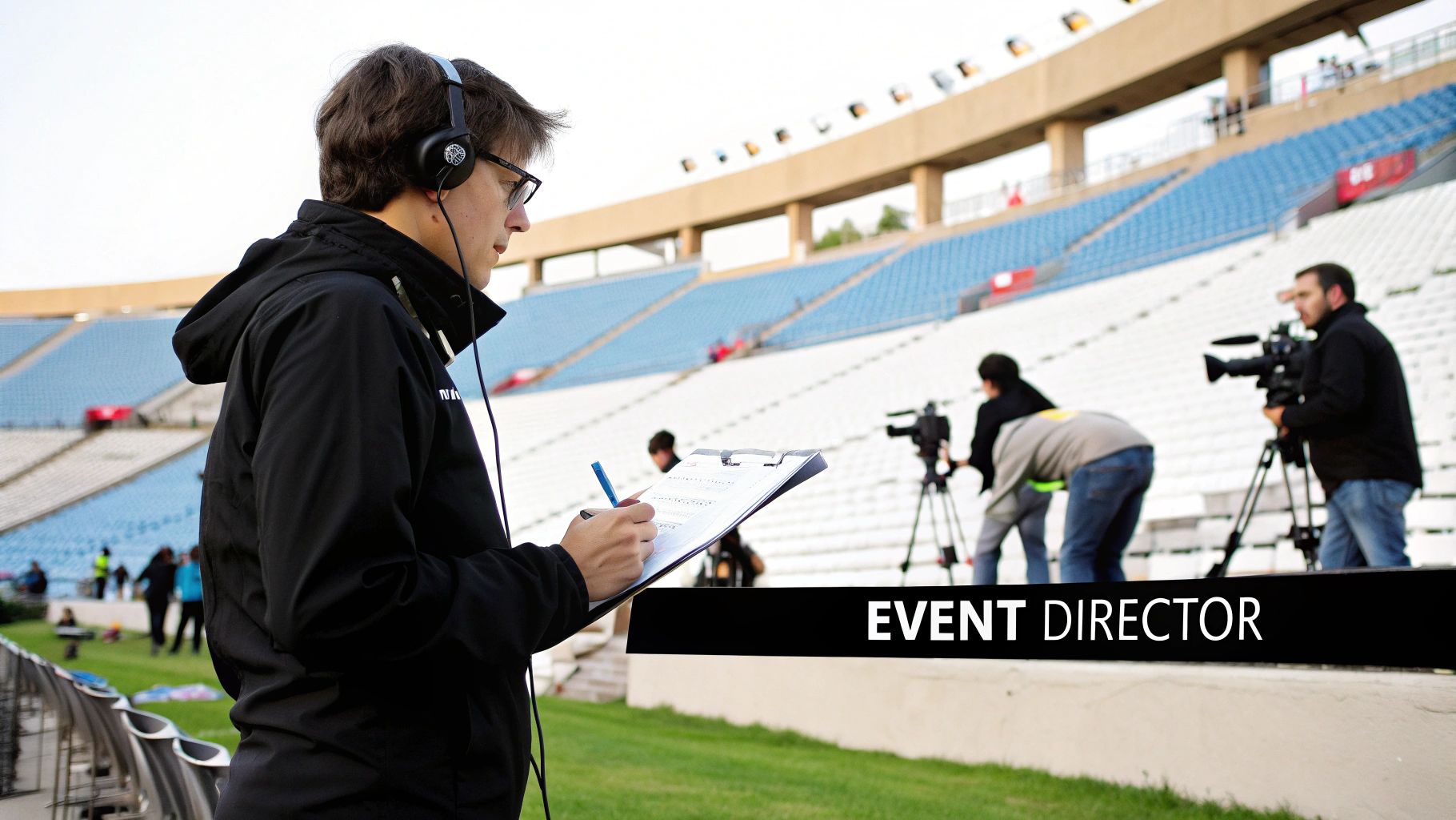 Event director in headphones writing on a clipboard, overlooking a sports stadium with camera crews.