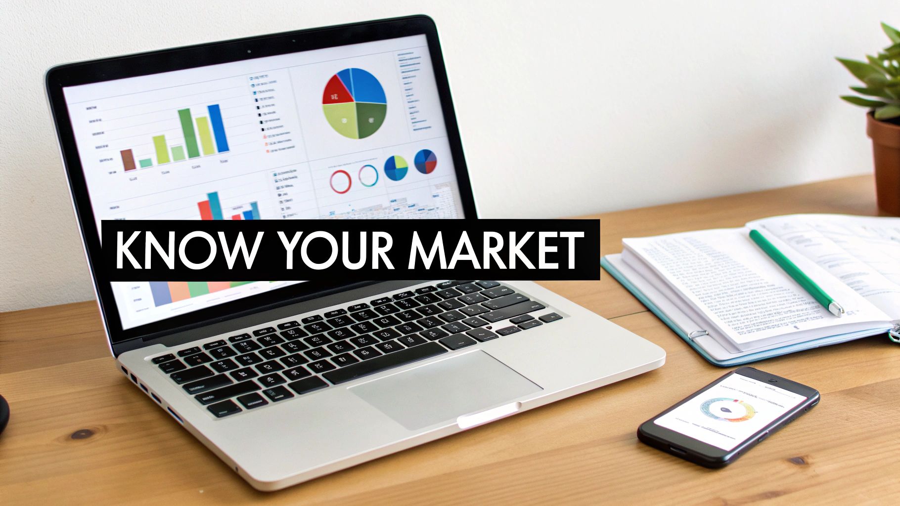 A laptop displaying market analysis charts on a wooden desk with a notebook, pen, and smartphone, emphasizing 'KNOW YOUR MARKET'.