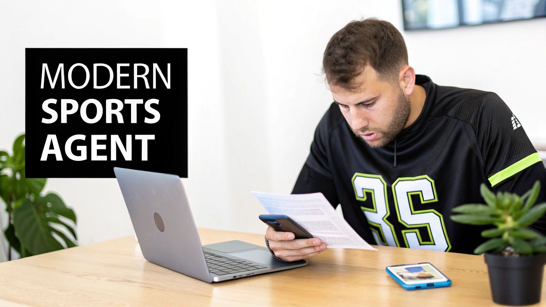 A man, possibly a modern sports agent, reviews documents and uses a phone at a desk with a laptop.