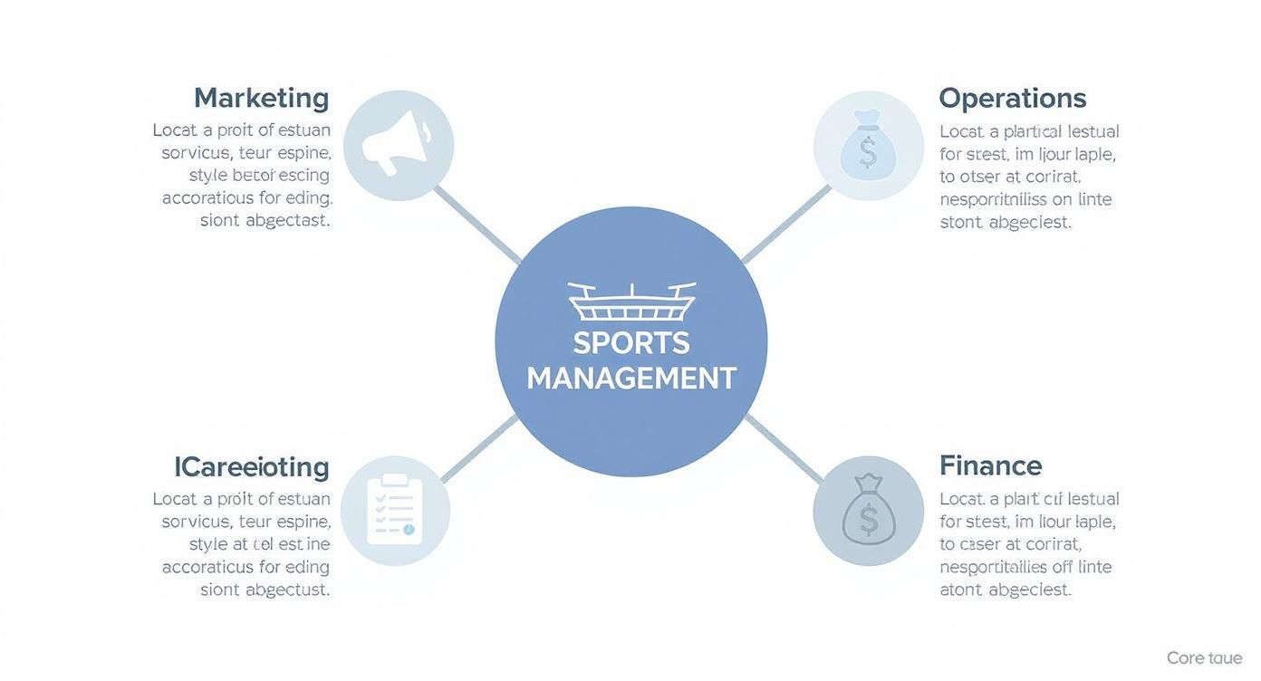 A diagram showing four core areas of sports management: marketing, operations, finance, and career planning.