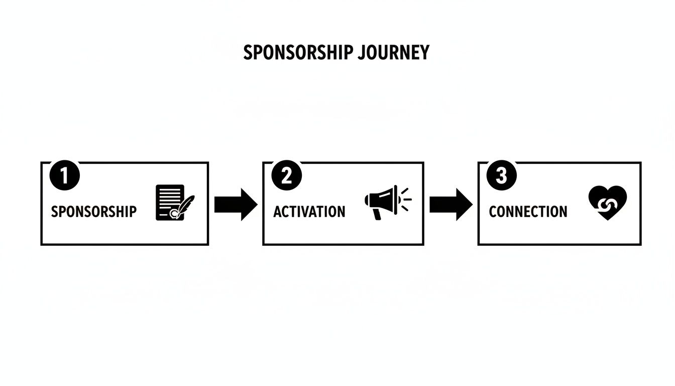 An infographic showing a three-step sponsorship journey: Sponsorship, Activation, and Connection.