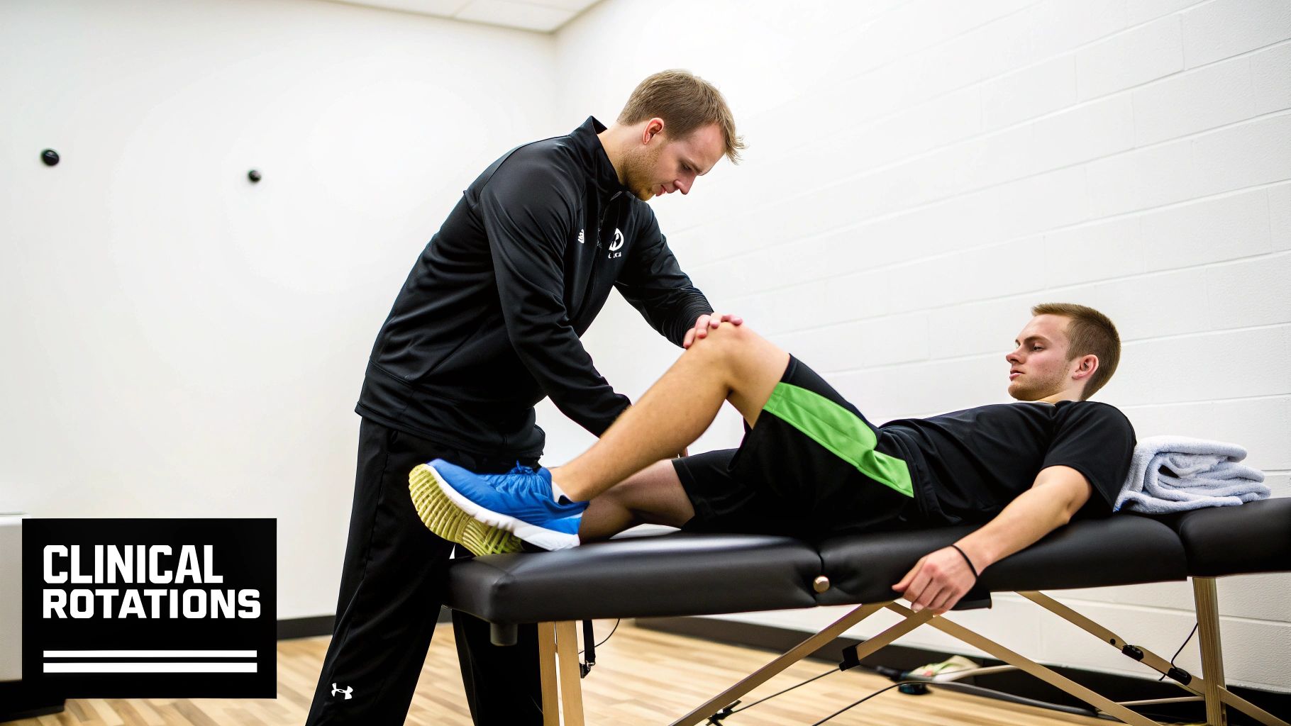 A male athletic trainer performs a knee examination on a patient during a clinical rotation.
