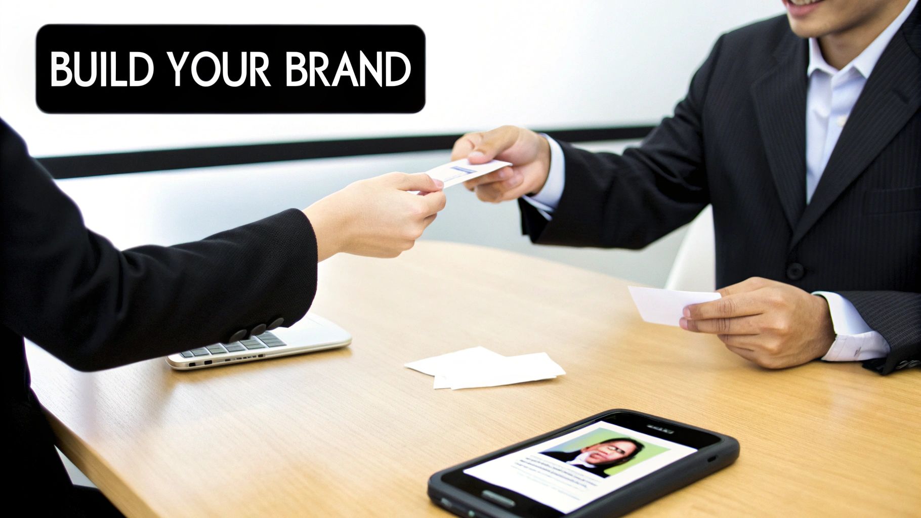 Two business professionals exchange business cards at a table, emphasizing brand building.