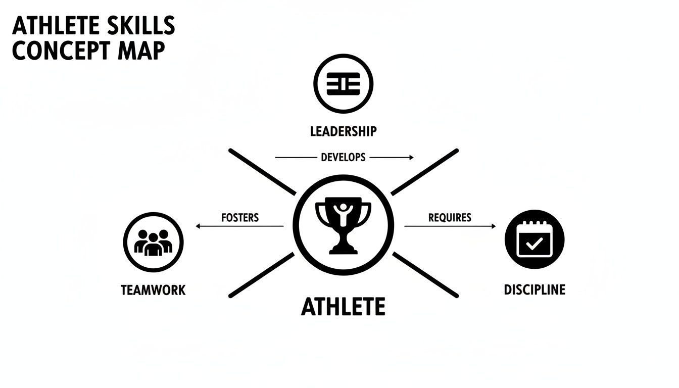 A concept map titled 'Athlete Skills Concept Map' showing leadership, teamwork, and discipline surrounding an athlete.