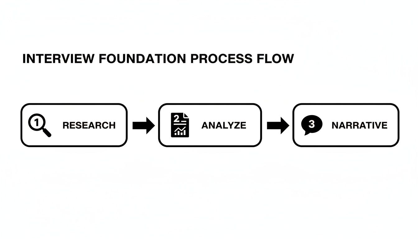 A flowchart outlining the Interview Foundation Process Flow with steps: Research, Analyze, Narrative.