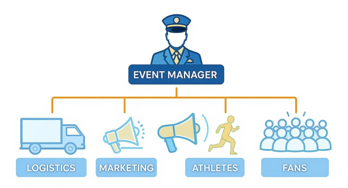 An event manager oversees event planning, including logistics, marketing, athletes, and fans management.