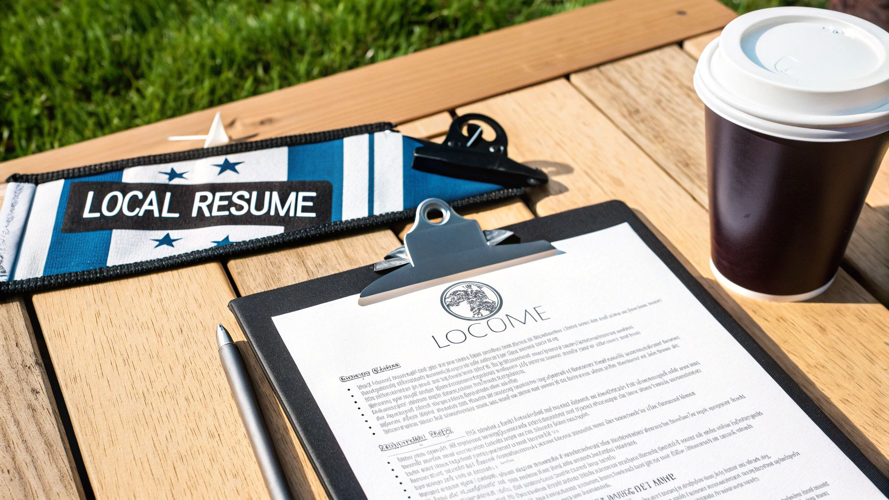 A professional resume on a clipboard, a pen, a 'LOCAL RESUME' armband, and a coffee cup on a wooden table outdoors.
