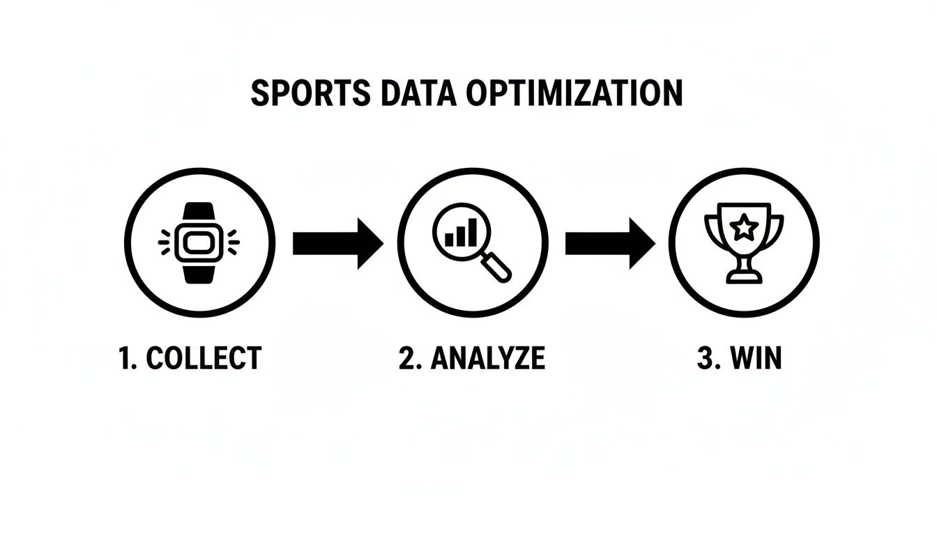 Diagram illustrating sports data optimization process: collect via smartwatch, analyze data, then win a trophy.